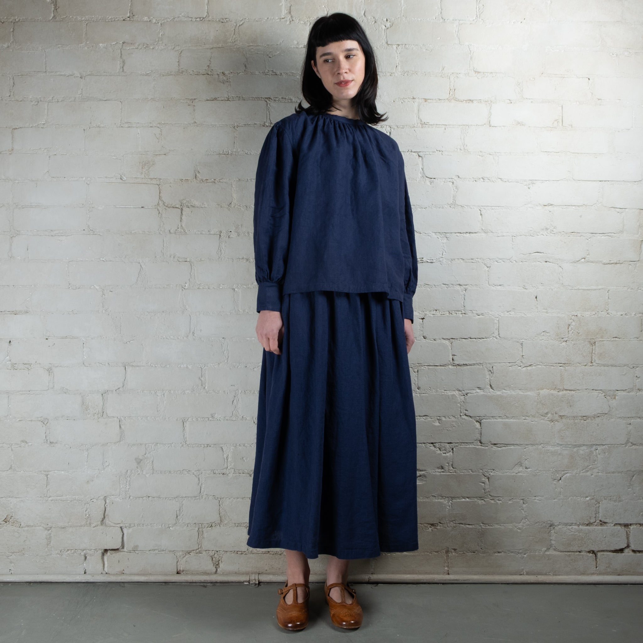 Ichi Antiquités Indigo Linen Gathered Skirt