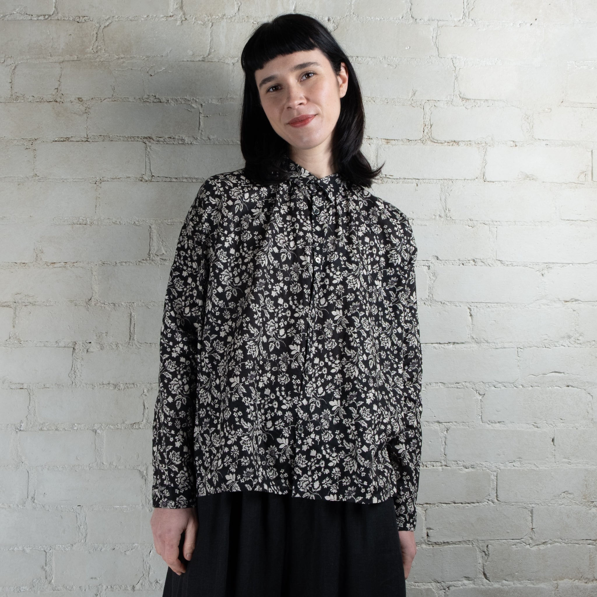 Ichi Antiquités Black Floral Print Linen Shirt