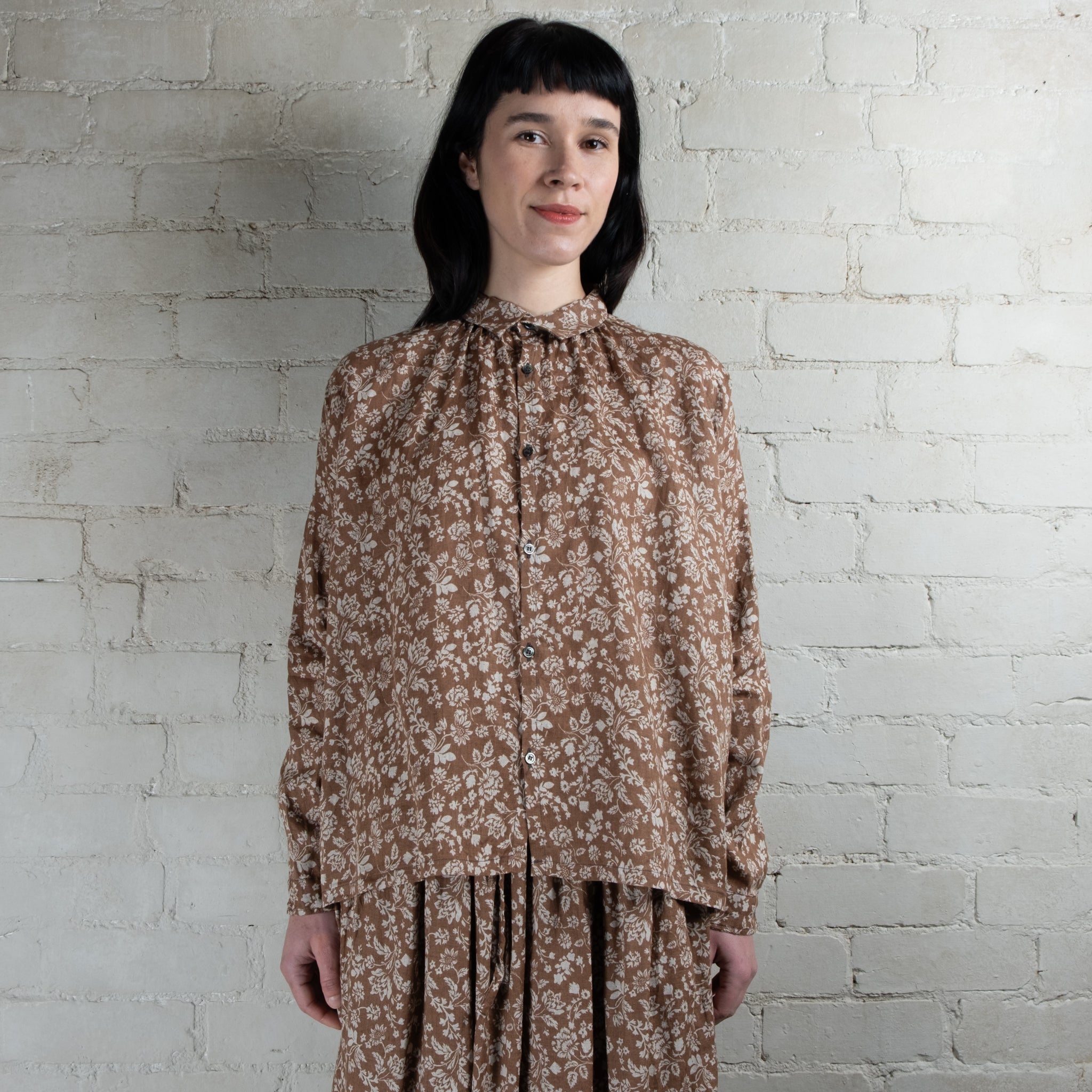 Ichi Antiquités Tan Floral Print Linen Skirt