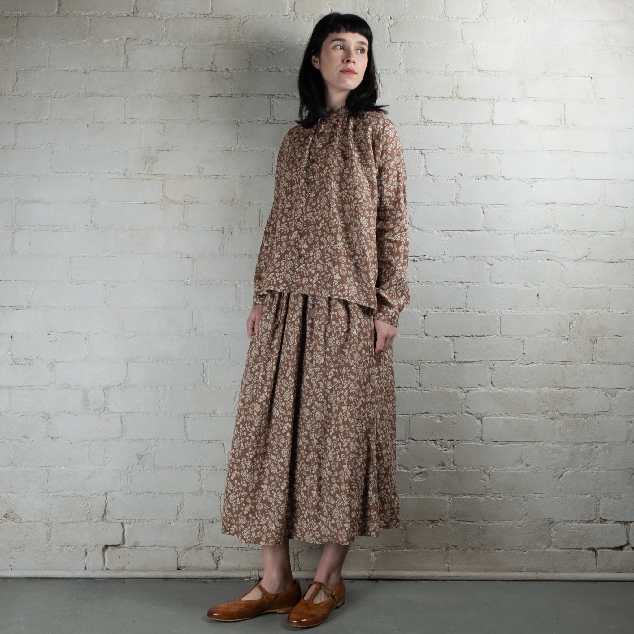 Ichi Antiquités Tan Floral Print Linen Skirt