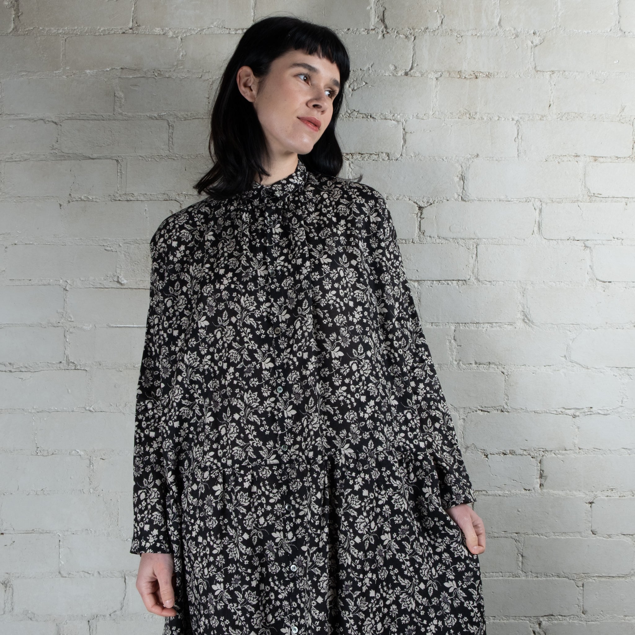 Ichi Antiquités Black Floral Print Linen Dress