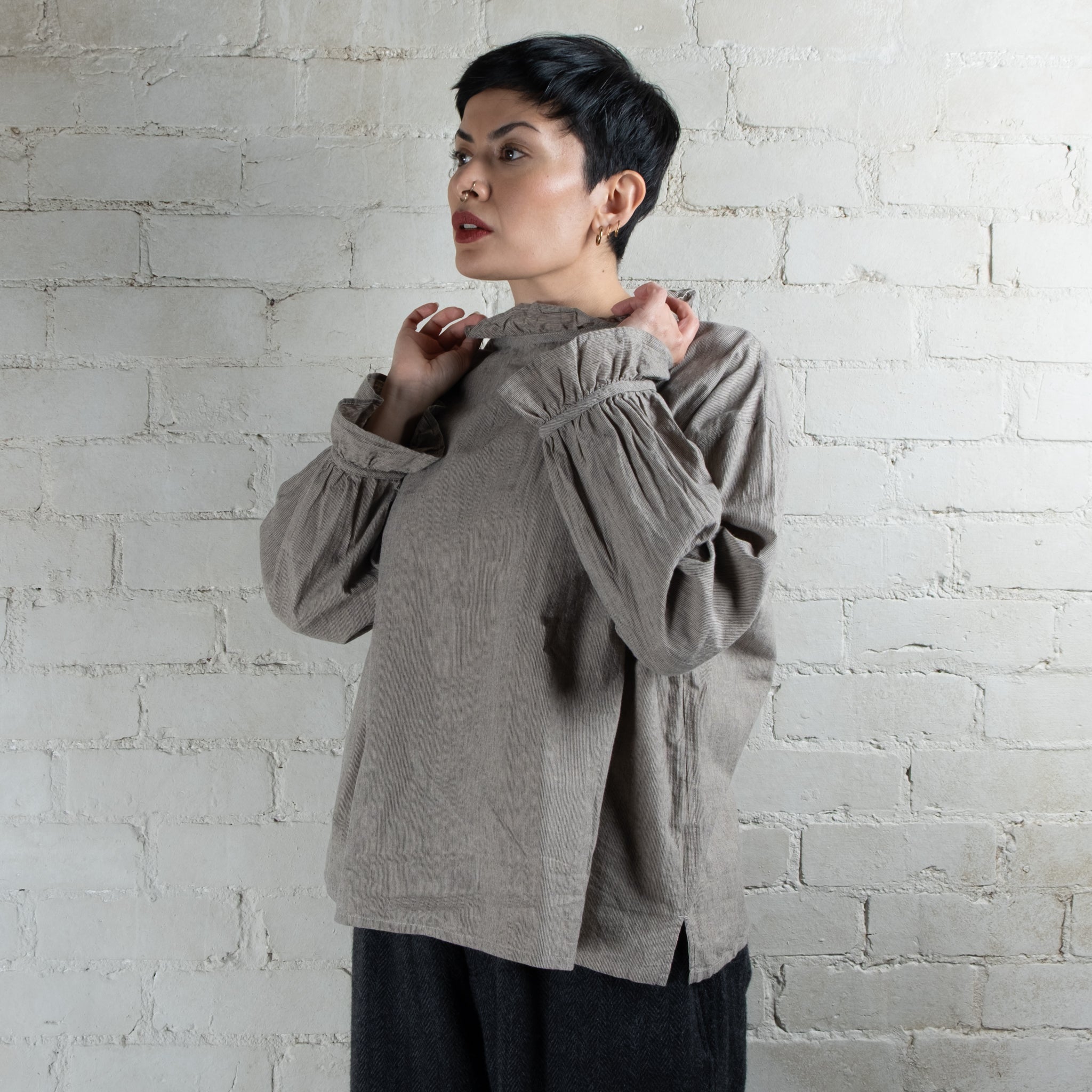 Ichi Antiquités Cotton & Linen Gingham Frilled Collar Blouse