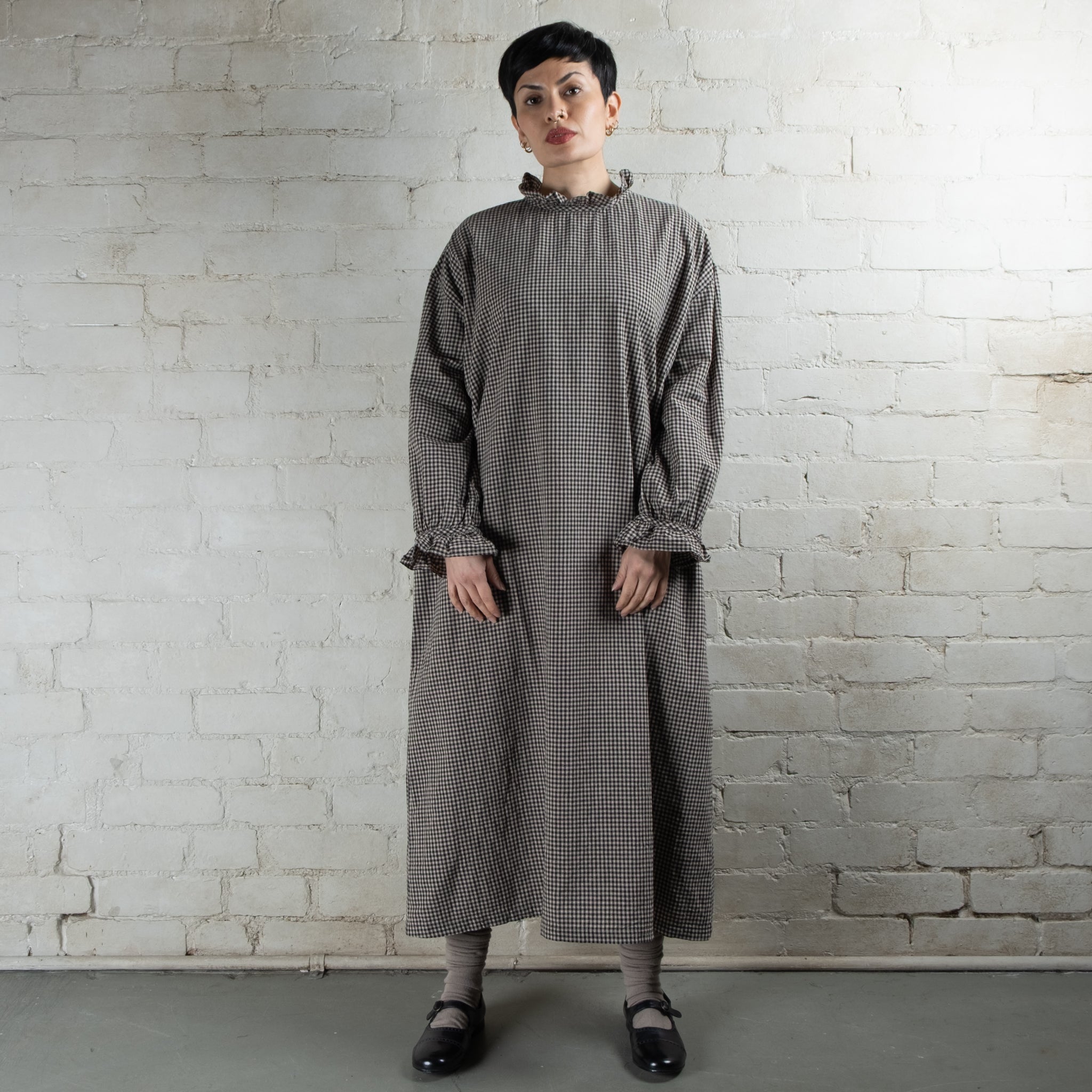Ichi Antiquités Cotton & Linen Gingham Frilled Collar Dress