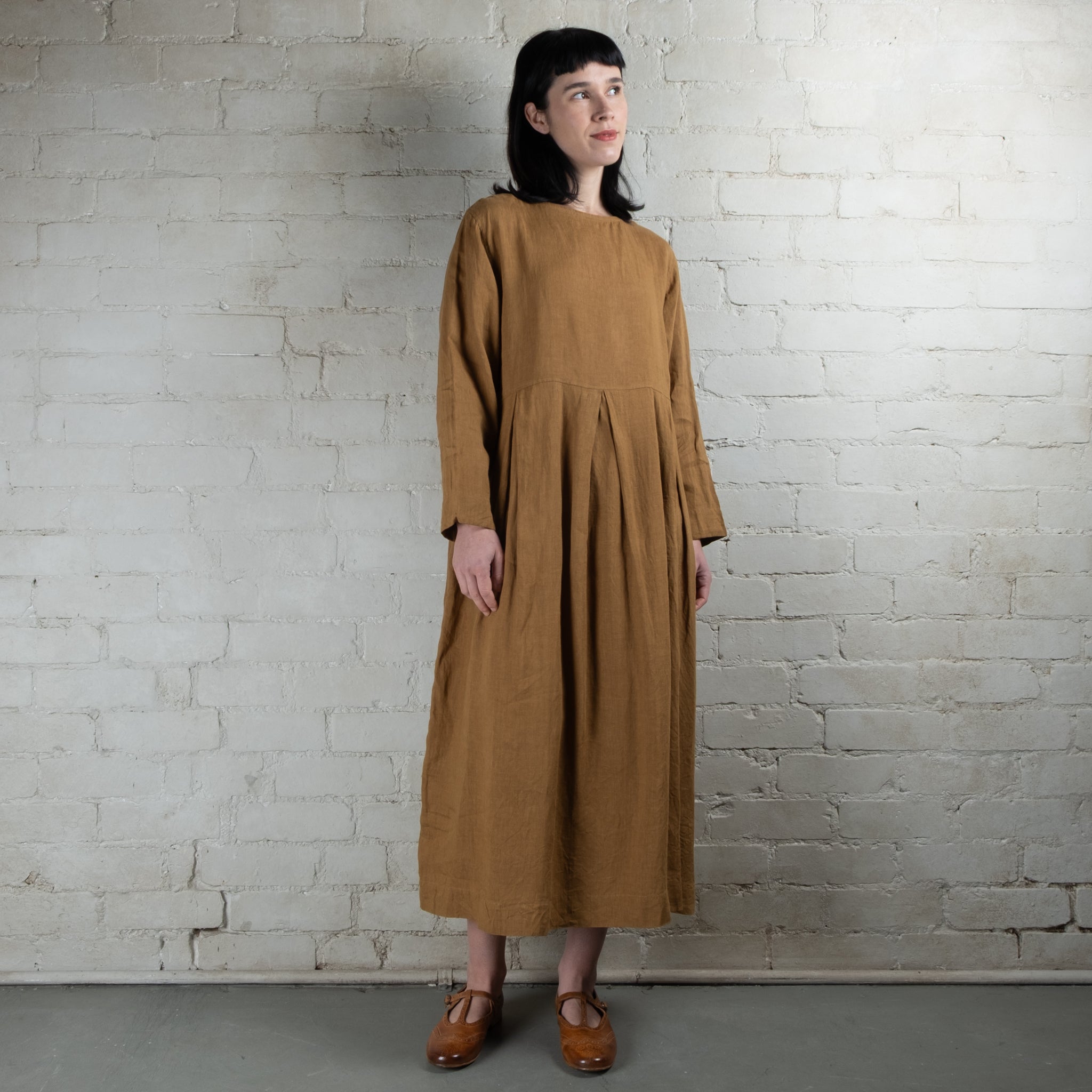 Ichi Antiquités Toffee Linen Tuck Dress