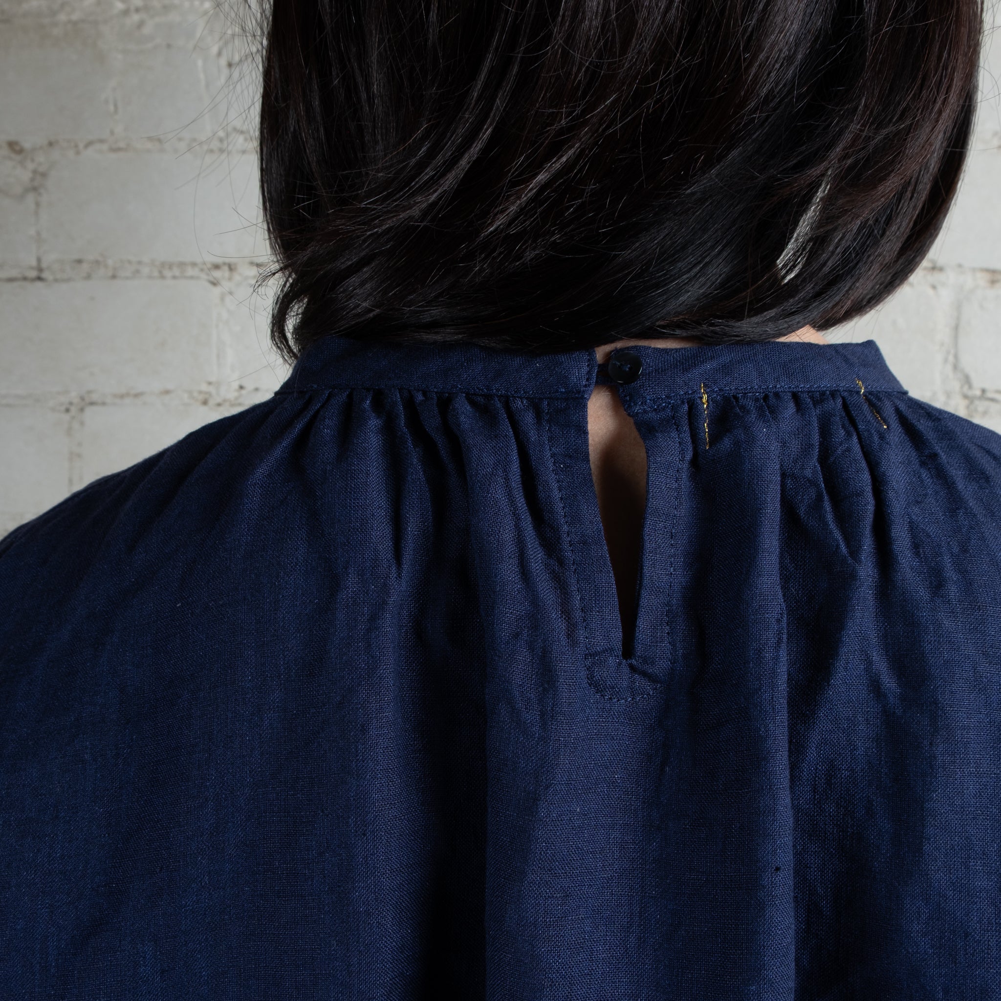 Ichi Antiquités Indigo Linen Band Collar Shirt