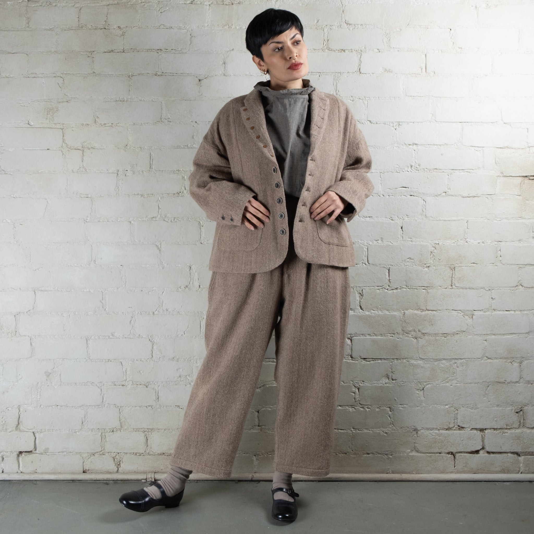 Ichi Antiquités Mocha Beige Herringbone Wool Jacket