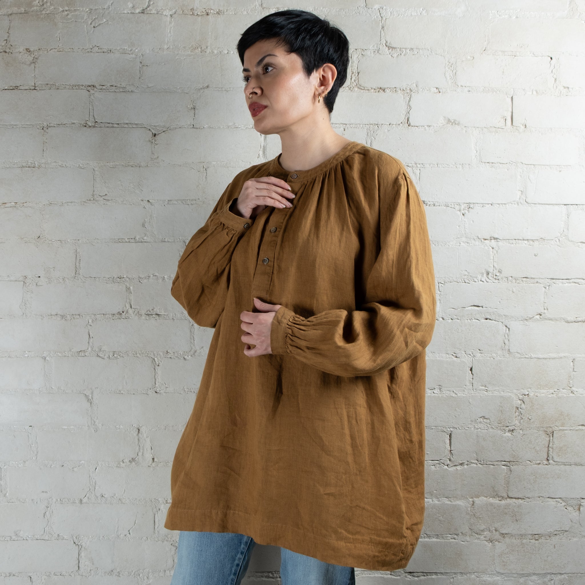 Ichi Antiquités Camel Linen Henley Blouse