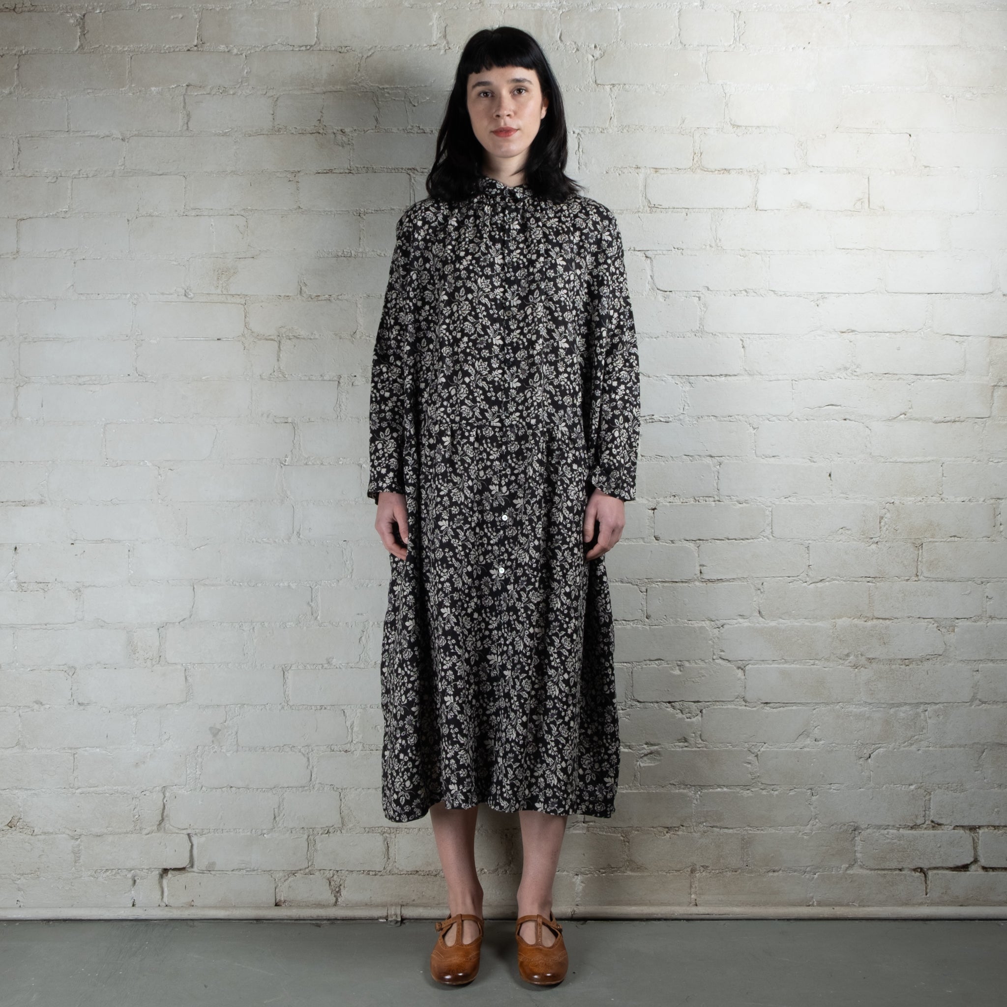 Ichi Antiquités Black Floral Print Linen Dress