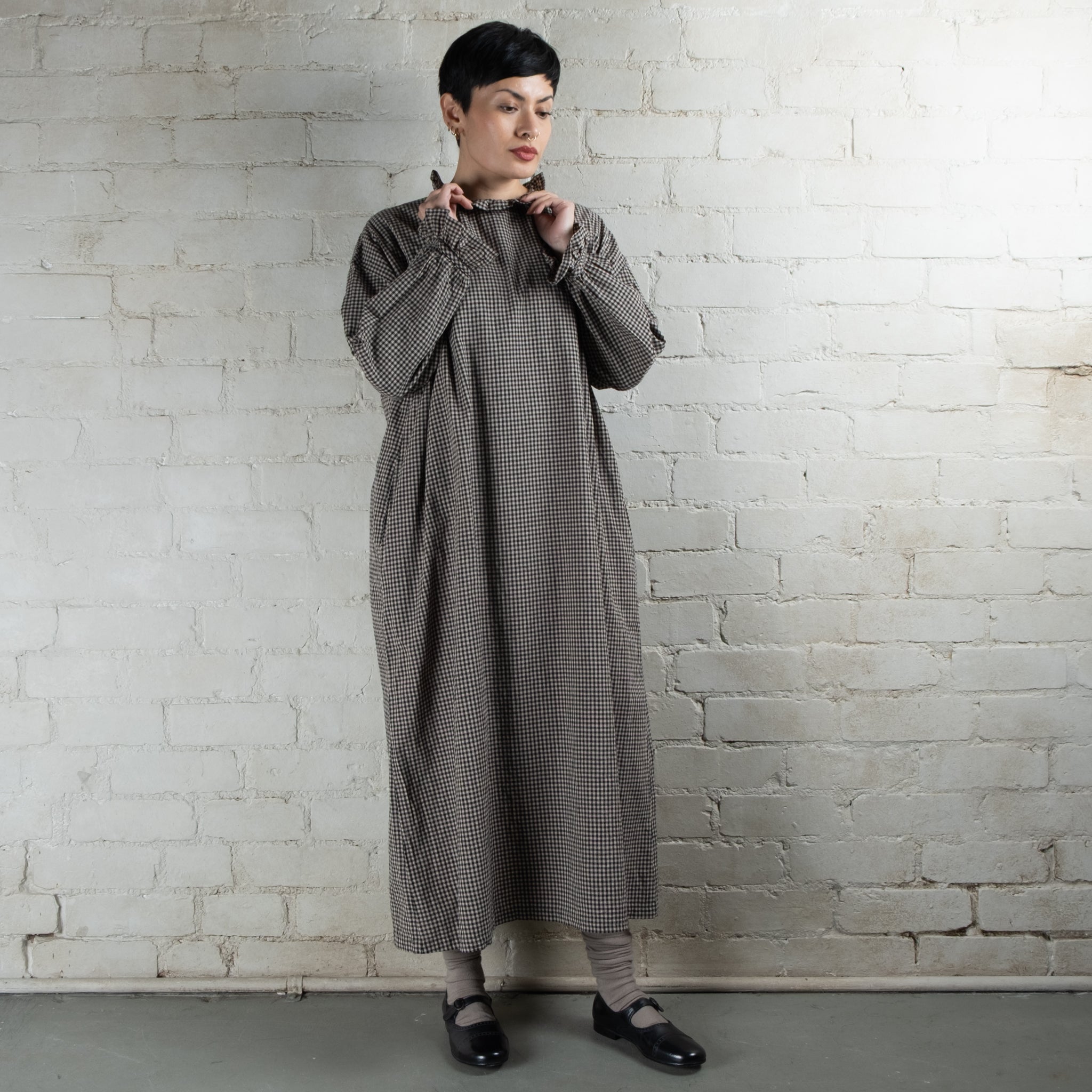 Ichi Antiquités Cotton & Linen Gingham Frilled Collar Dress