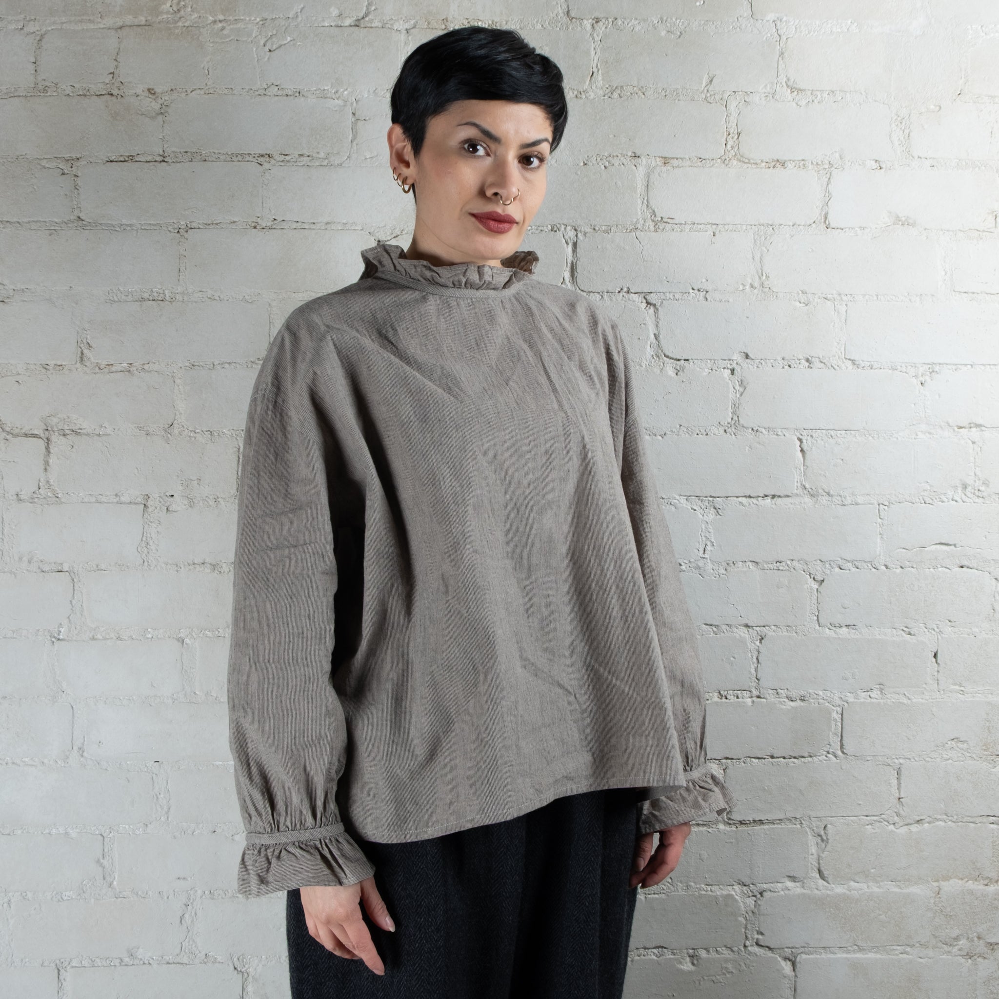 Ichi Antiquités Cotton & Linen Gingham Frilled Collar Blouse