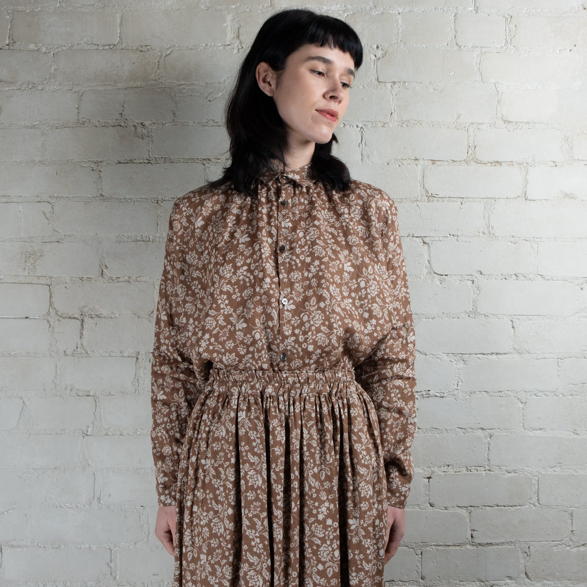 Ichi Antiquités Tan Floral Print Linen Shirt