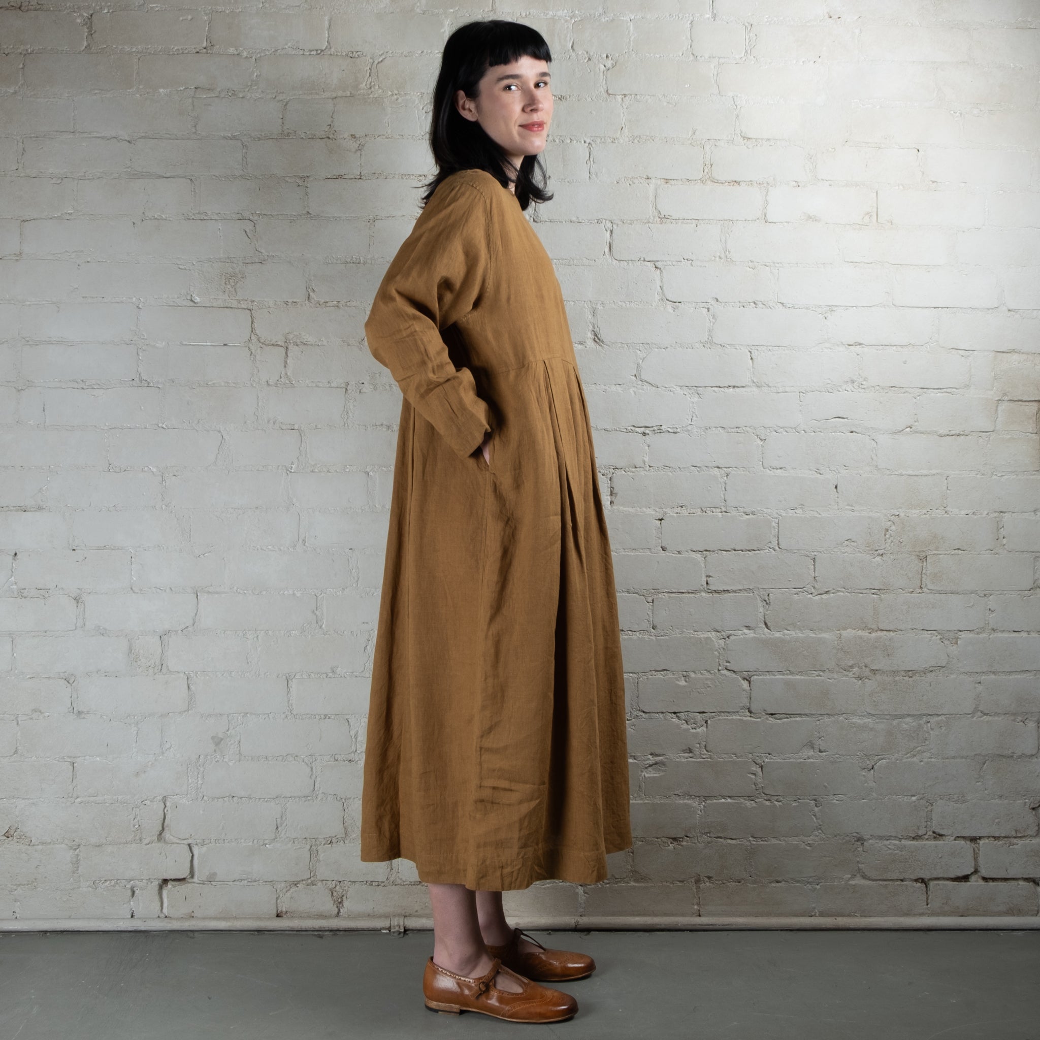 Ichi Antiquités Toffee Linen Tuck Dress