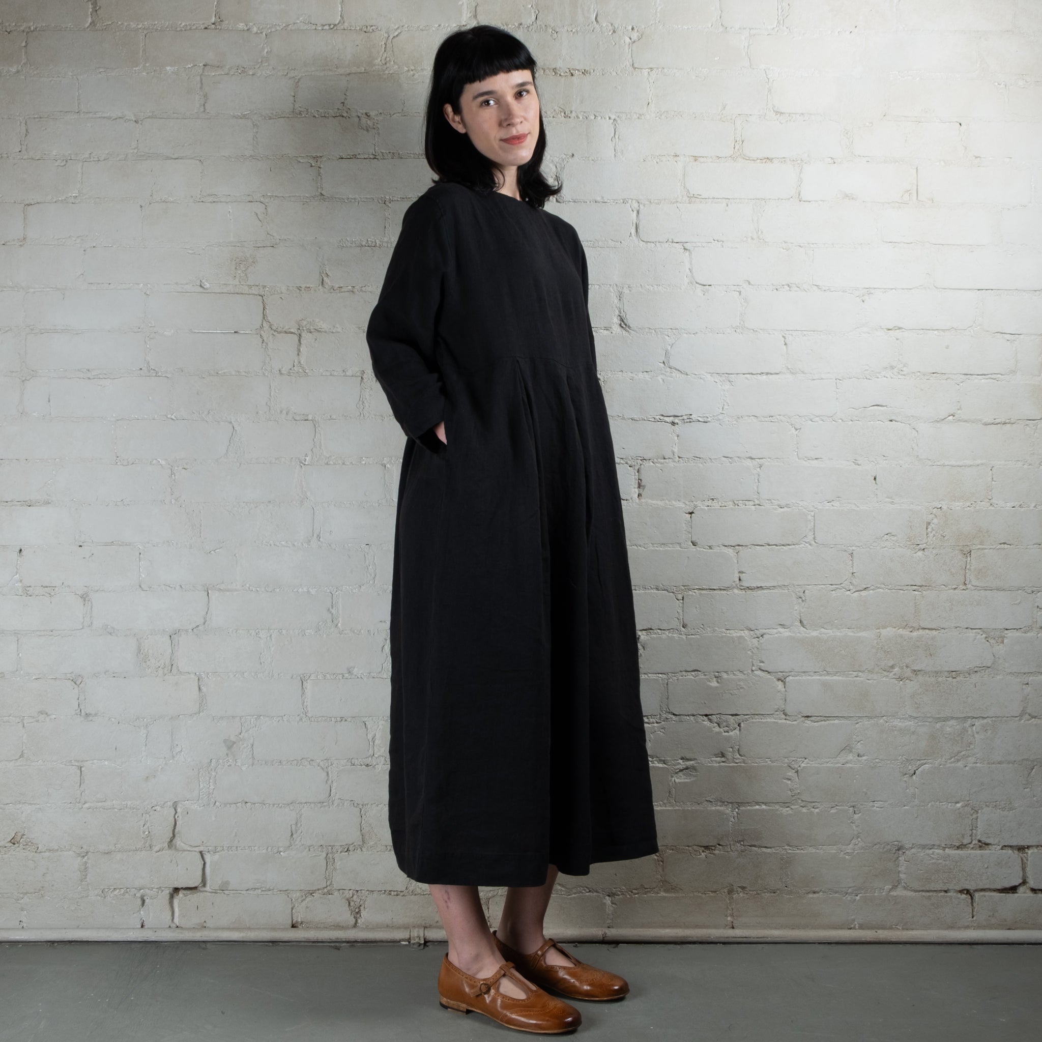 Ichi Antiquités Black Linen Tuck Dress
