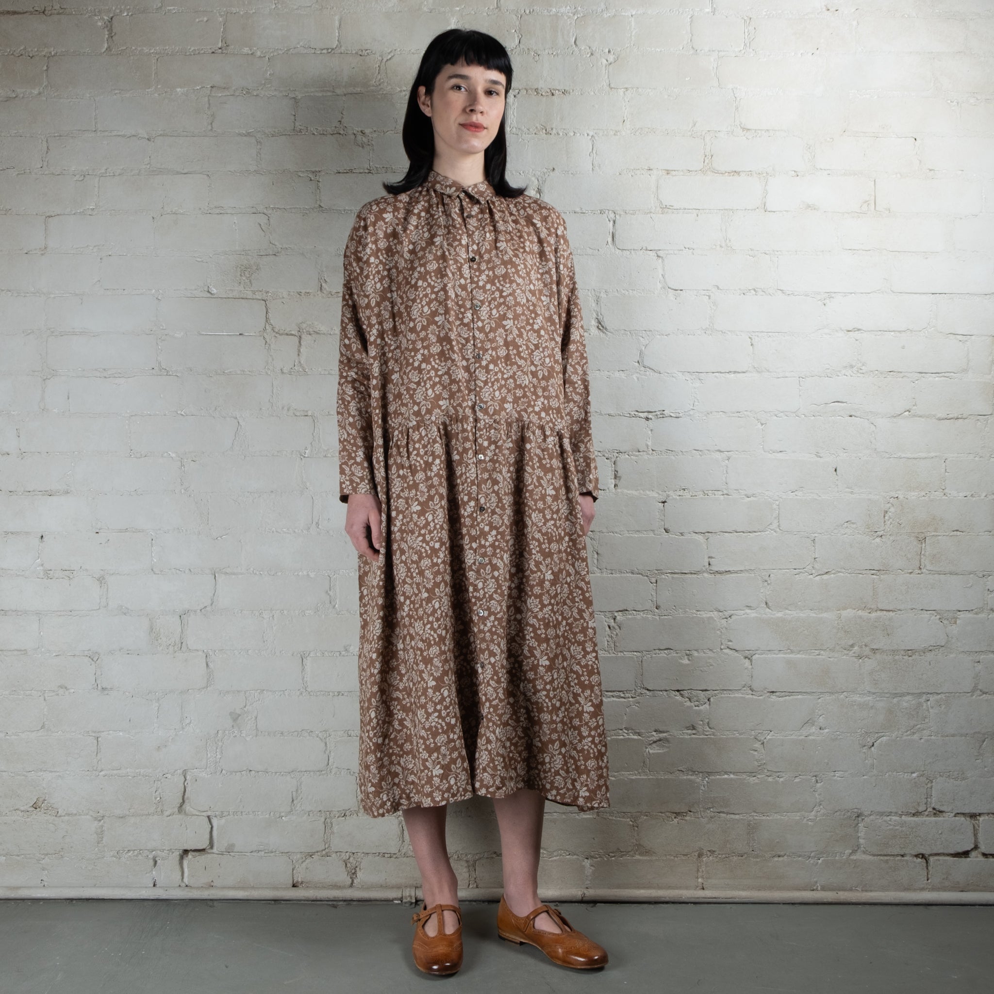 Ichi Antiquités Tan Floral Print Linen Dress