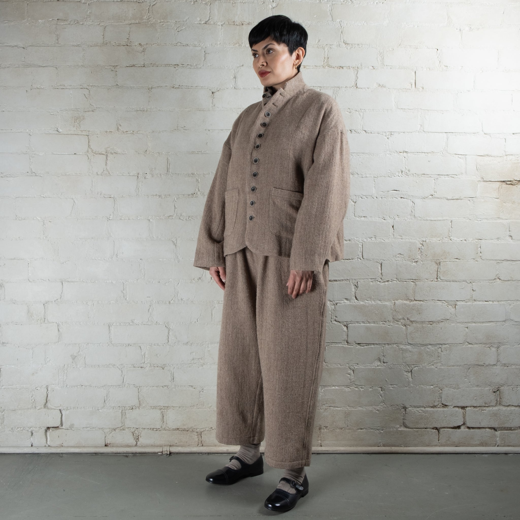Ichi Antiquités Mocha Beige Herringbone Wool Pants
