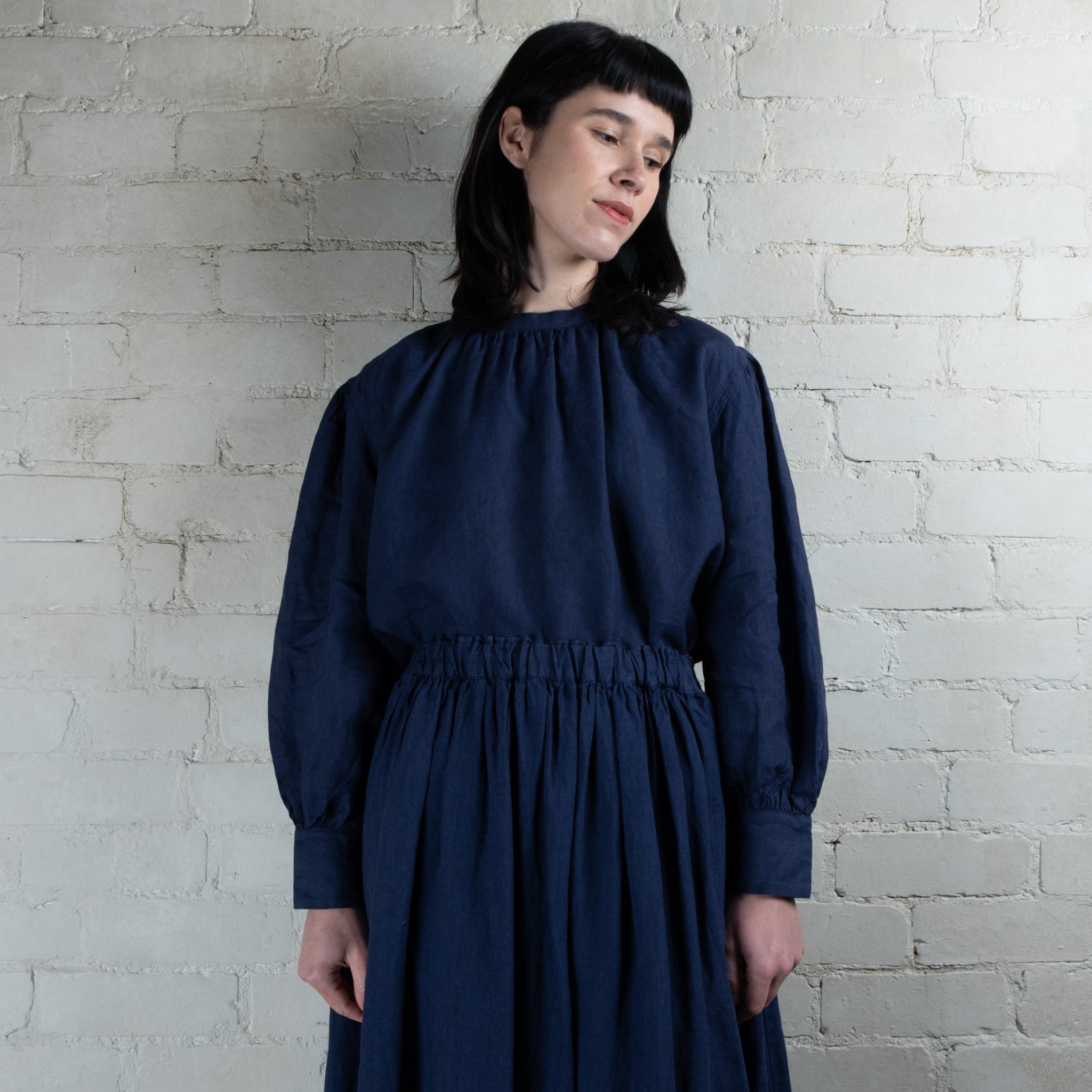 Ichi Antiquités Indigo Linen Band Collar Shirt