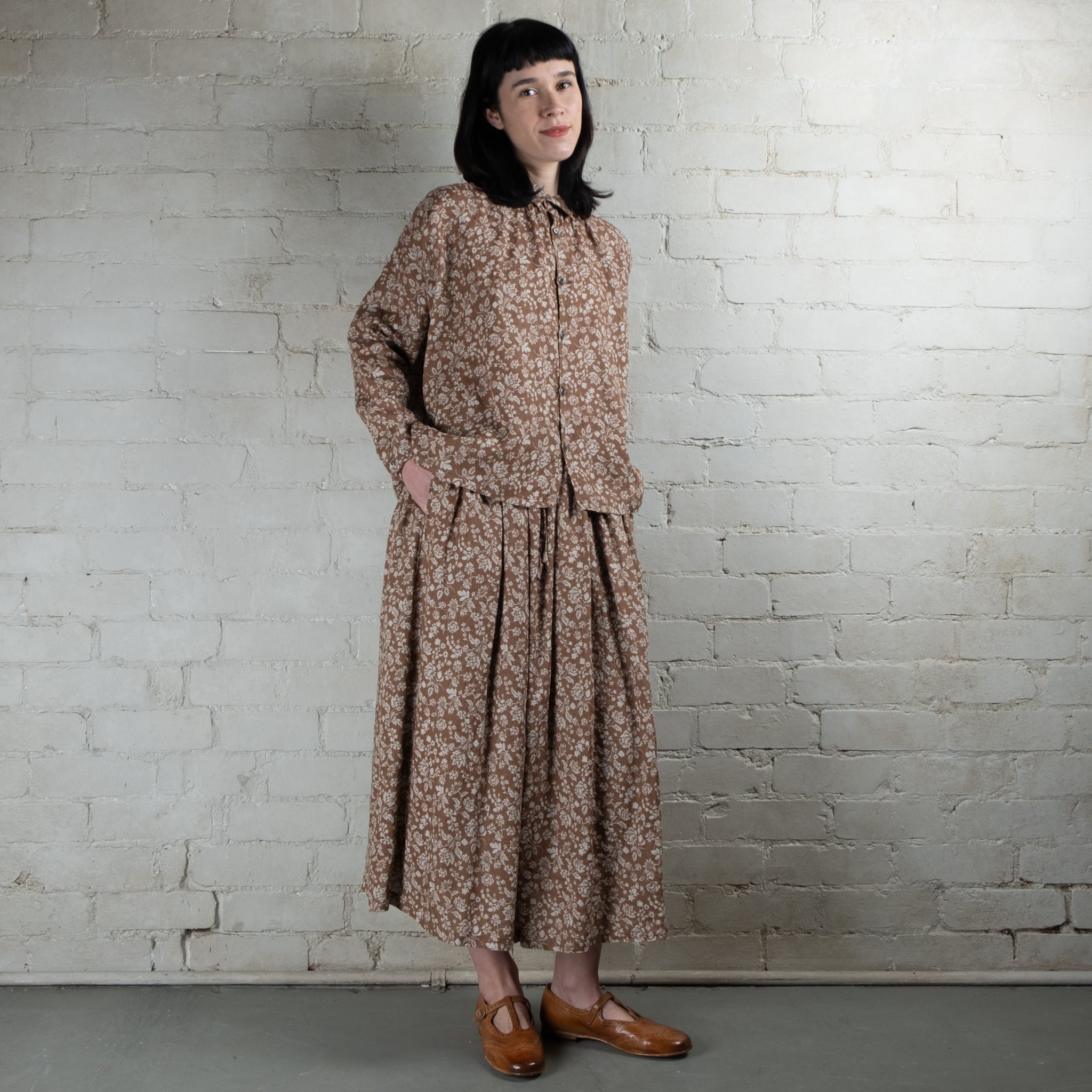 Ichi Antiquités Tan Floral Print Linen Skirt