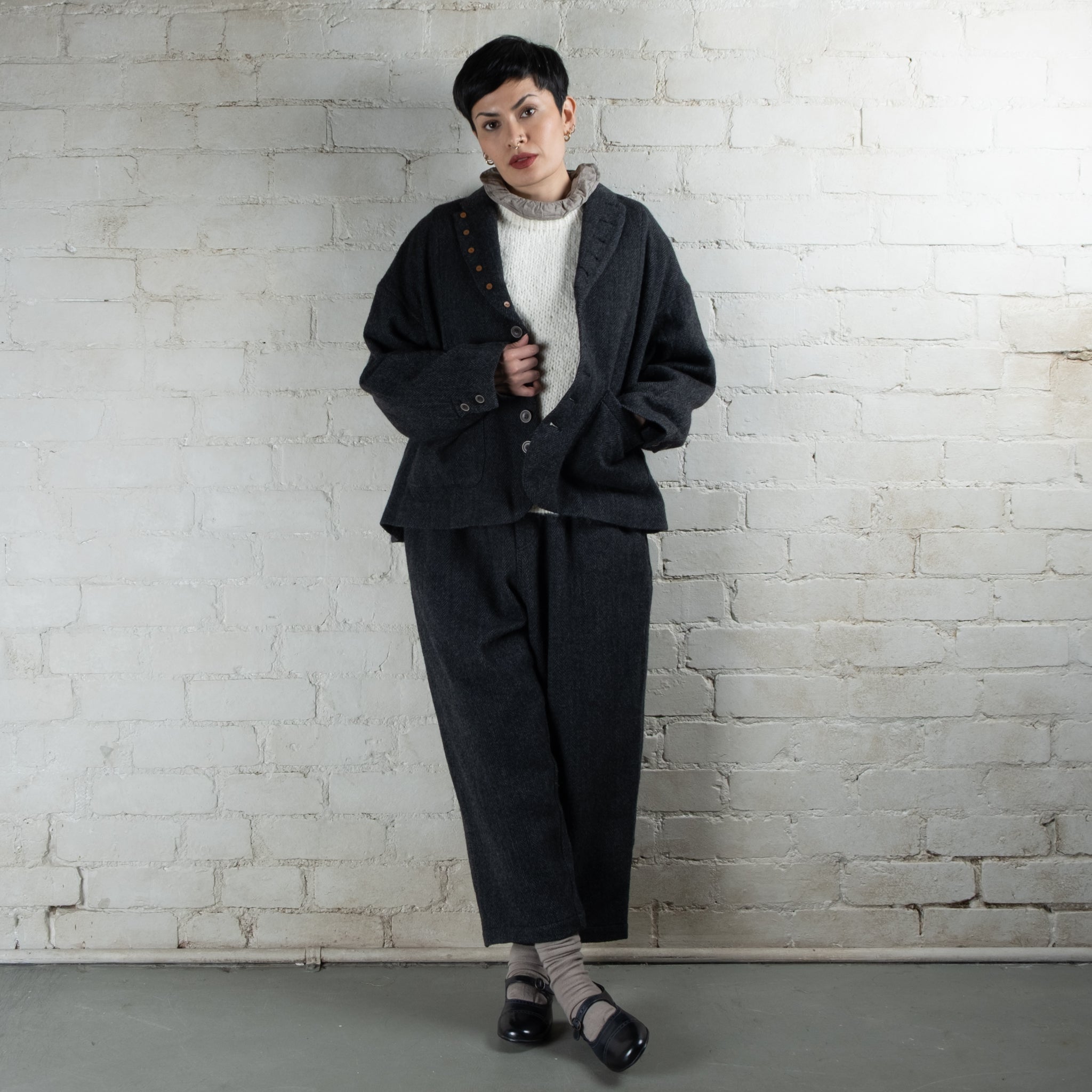 Ichi Antiquités Black Herringbone Wool Pants