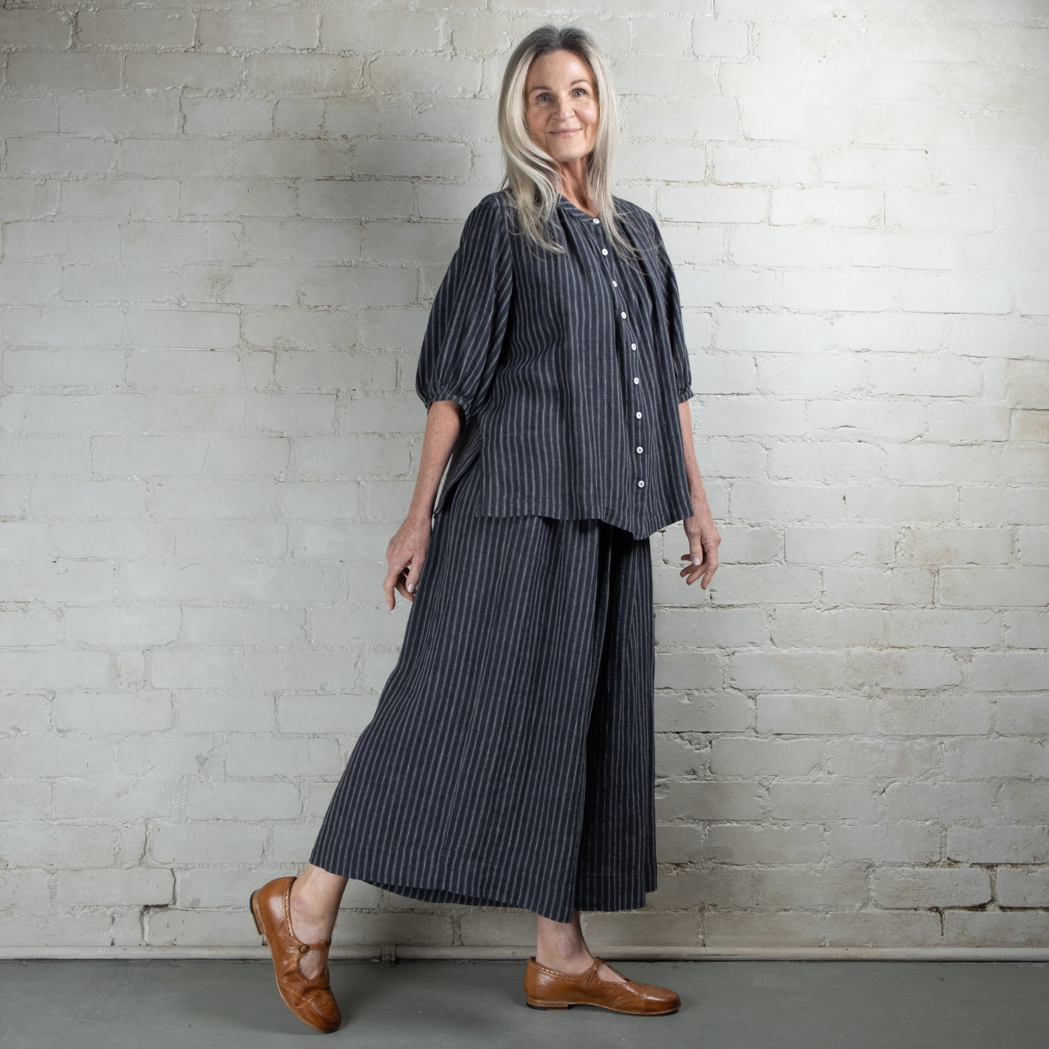 Violetta Siena Wide Leg Ticking Stripe Linen Pant