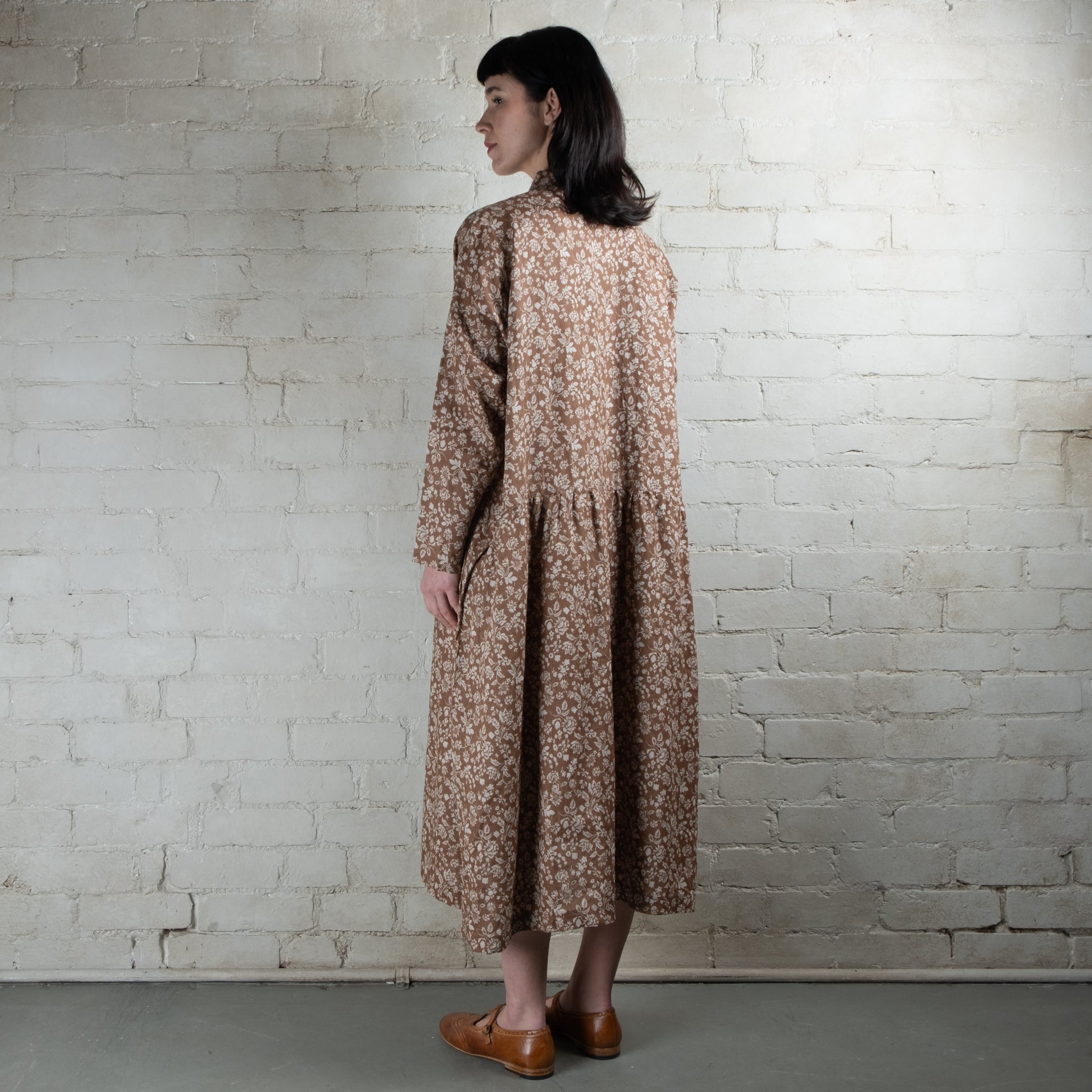 Ichi Antiquités Tan Floral Print Linen Dress