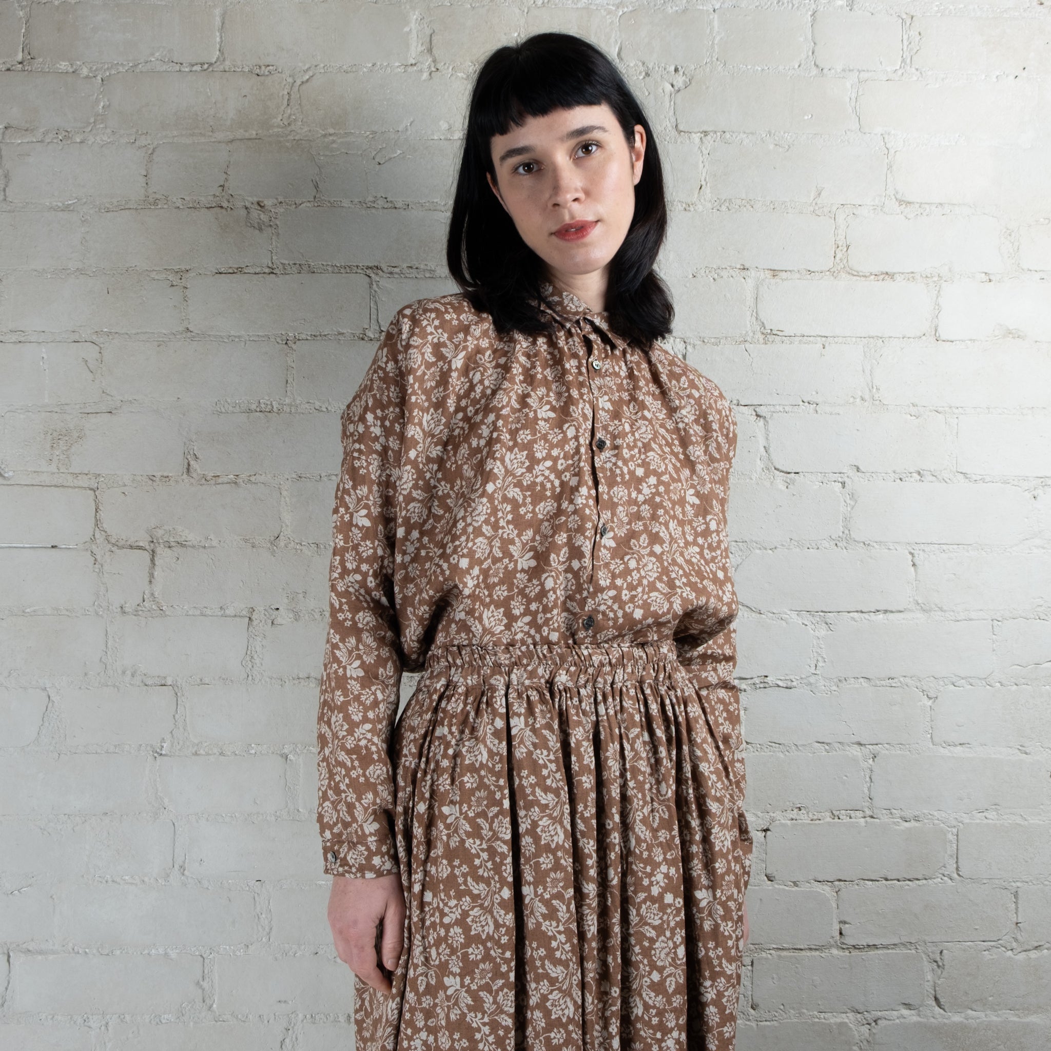 Ichi Antiquités Tan Floral Print Linen Shirt