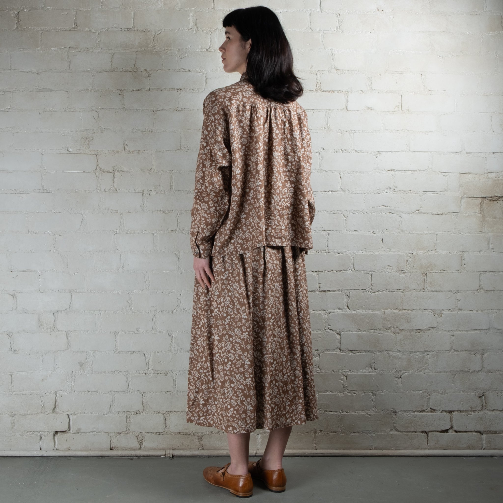 Ichi Antiquités Tan Floral Print Linen Skirt