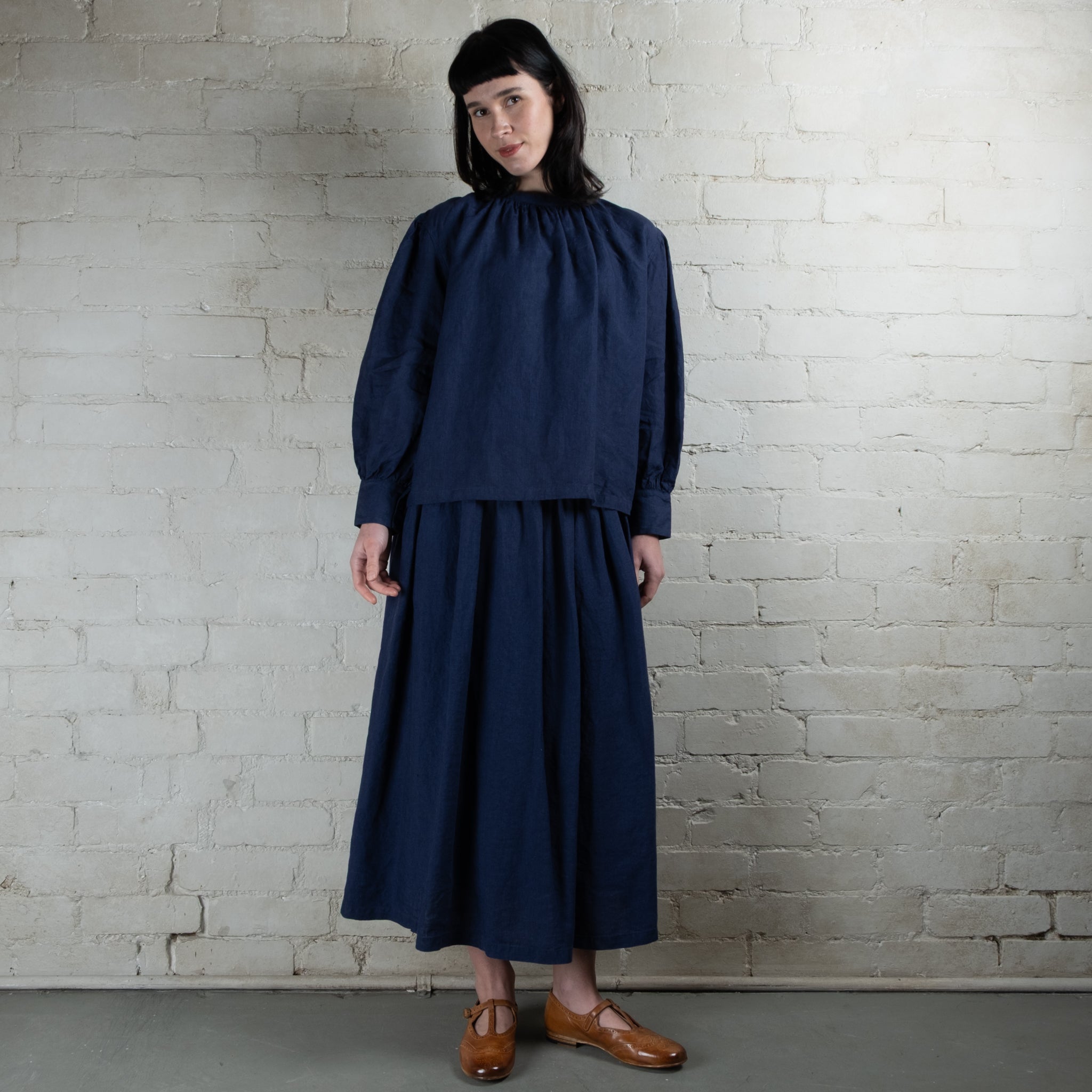 Ichi Antiquités Indigo Linen Gathered Skirt
