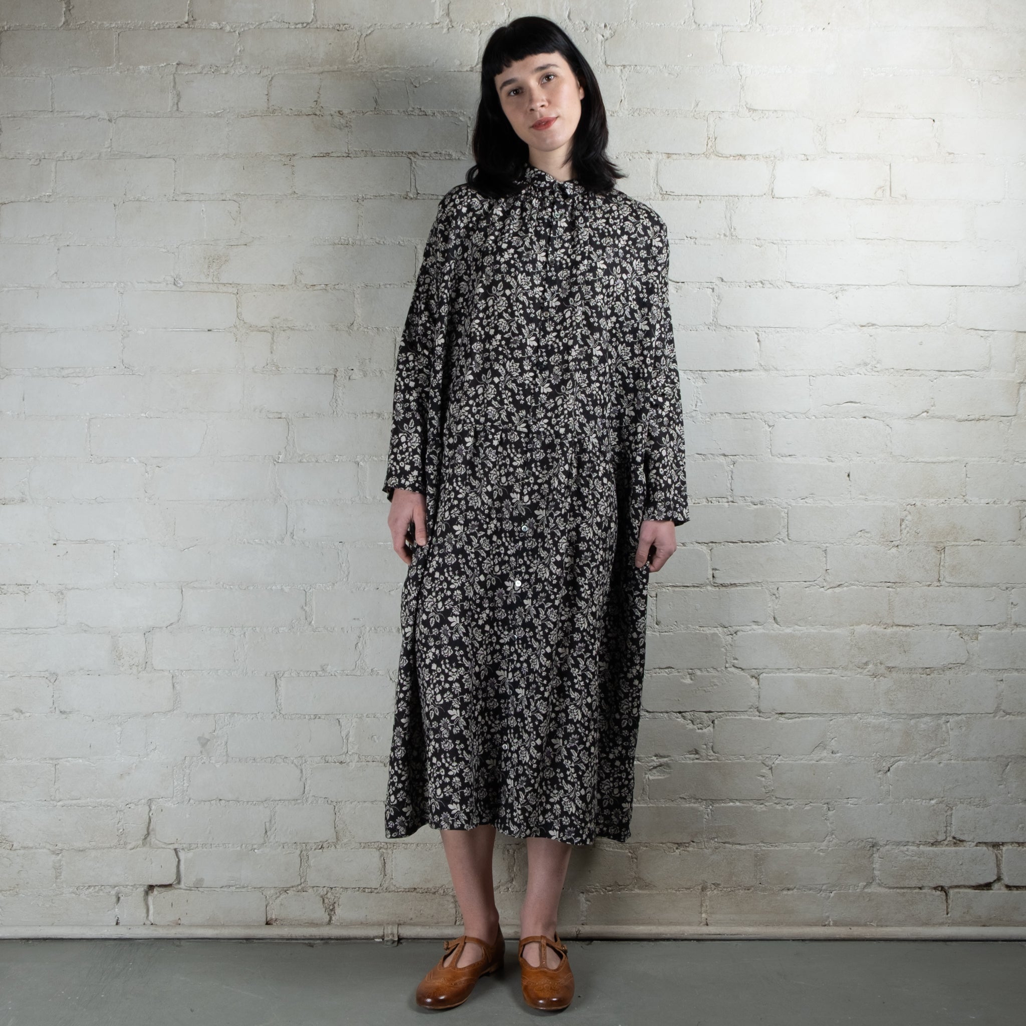 Ichi Antiquités Black Floral Print Linen Dress