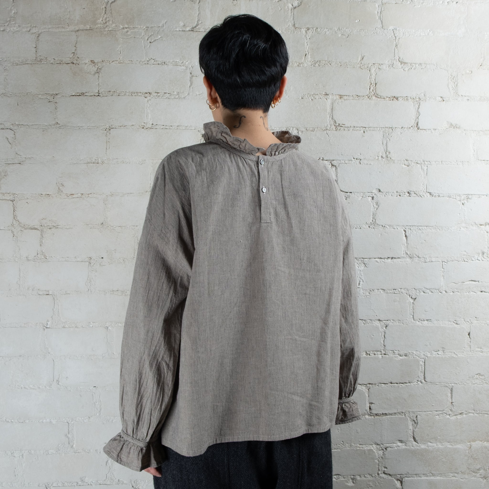 Ichi Antiquités Cotton & Linen Gingham Frilled Collar Blouse