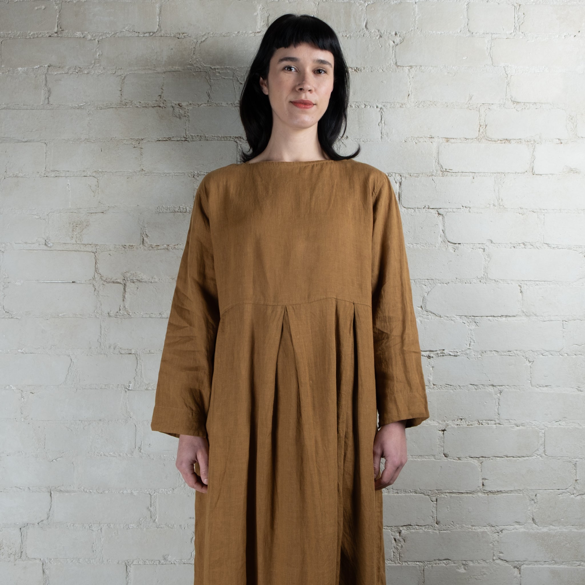 Ichi Antiquités Toffee Linen Tuck Dress