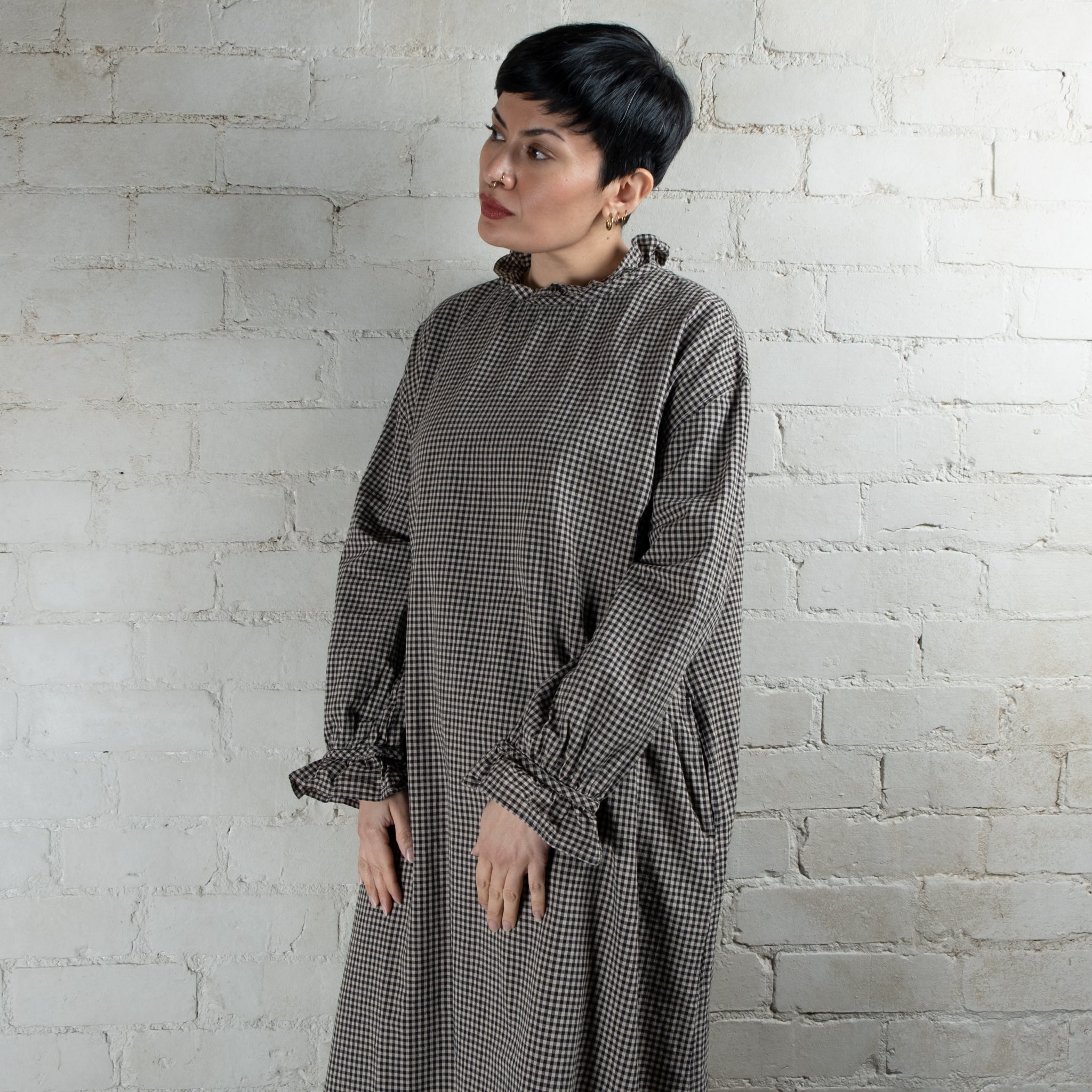 Ichi Antiquités Cotton & Linen Gingham Frilled Collar Dress