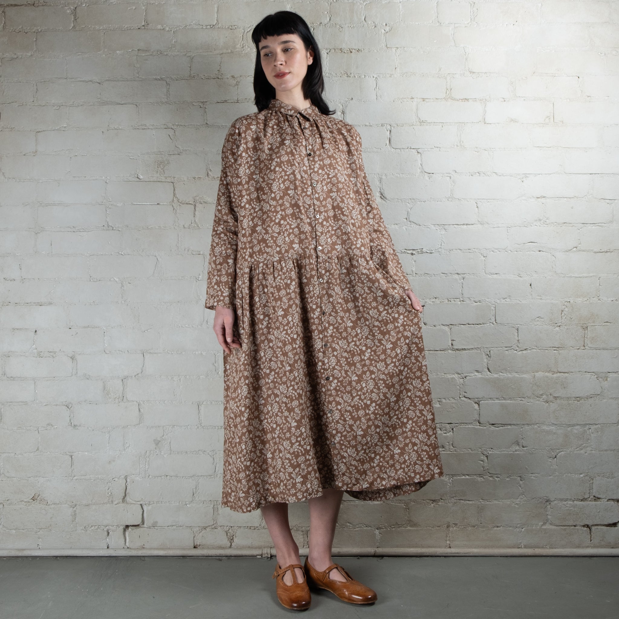 Ichi Antiquités Tan Floral Print Linen Dress