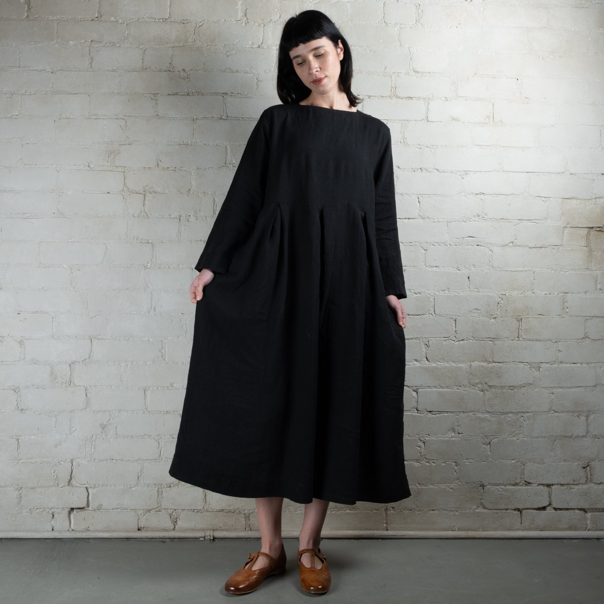 Ichi Antiquités Black Linen Tuck Dress