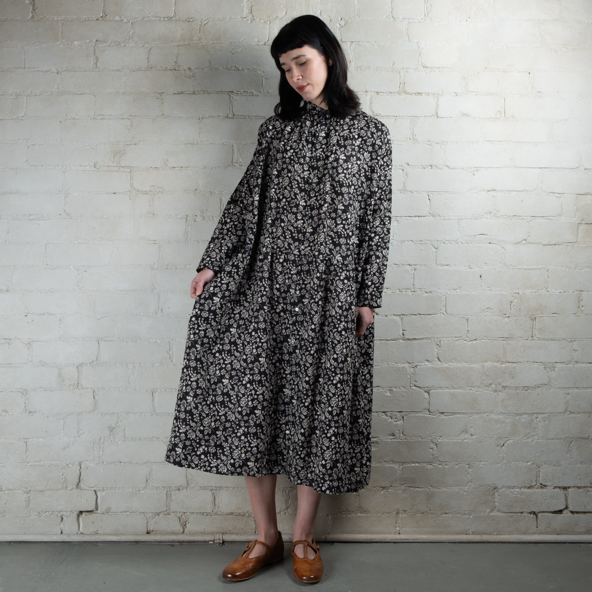 Ichi Antiquités Black Floral Print Linen Dress