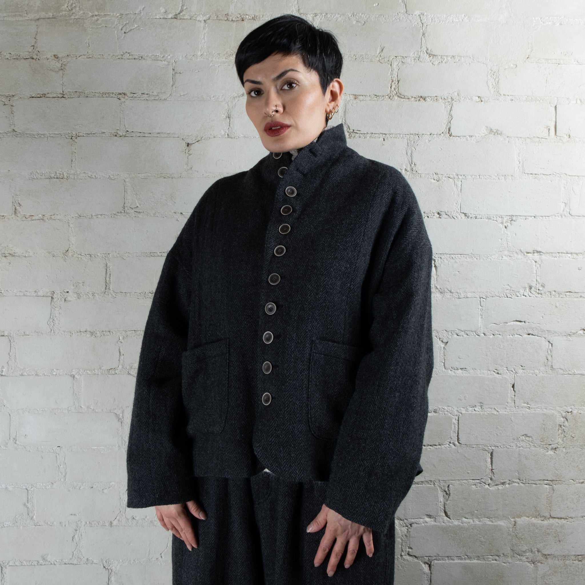 Ichi Antiquités Black Herringbone Wool Jacket