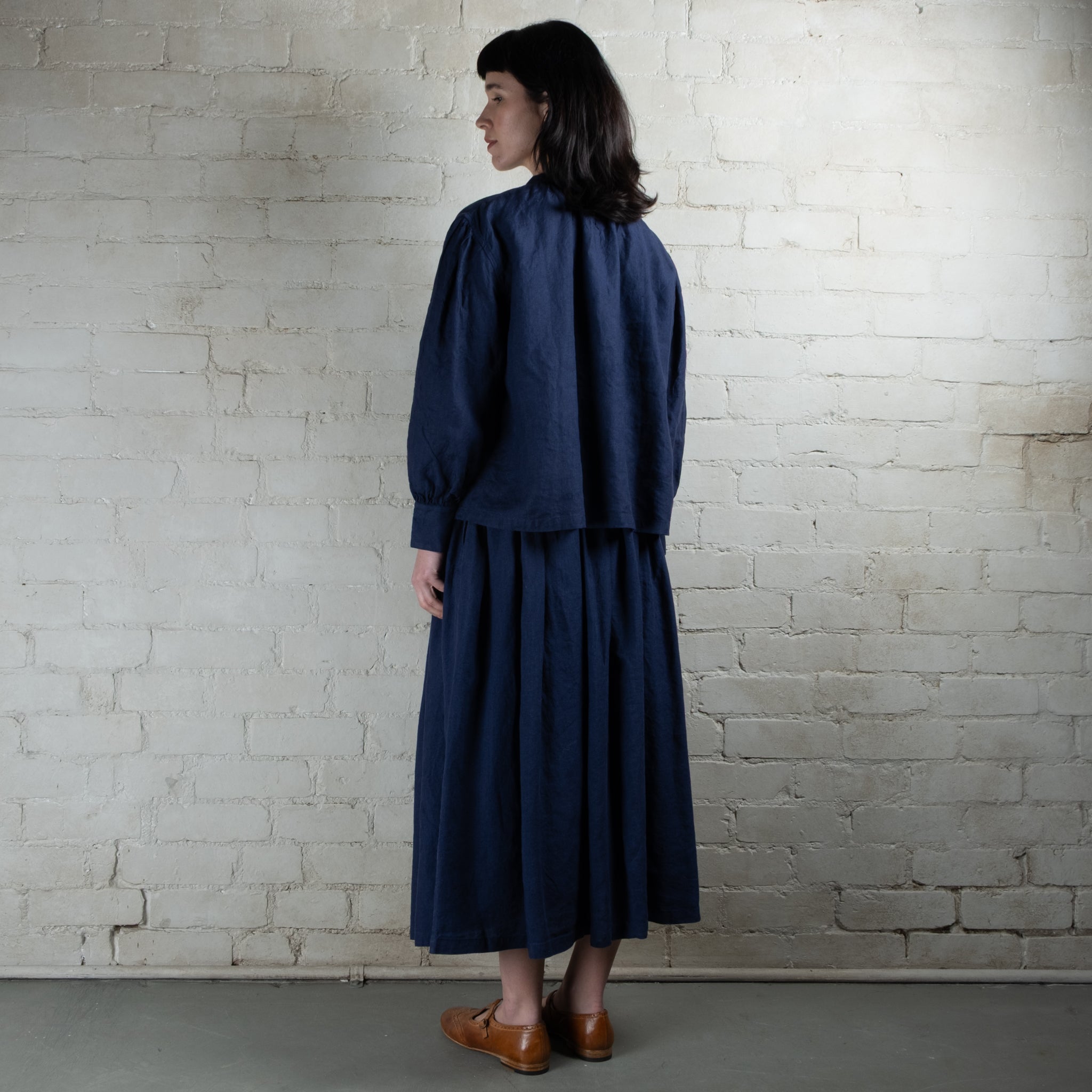 Ichi Antiquités Indigo Linen Band Collar Shirt