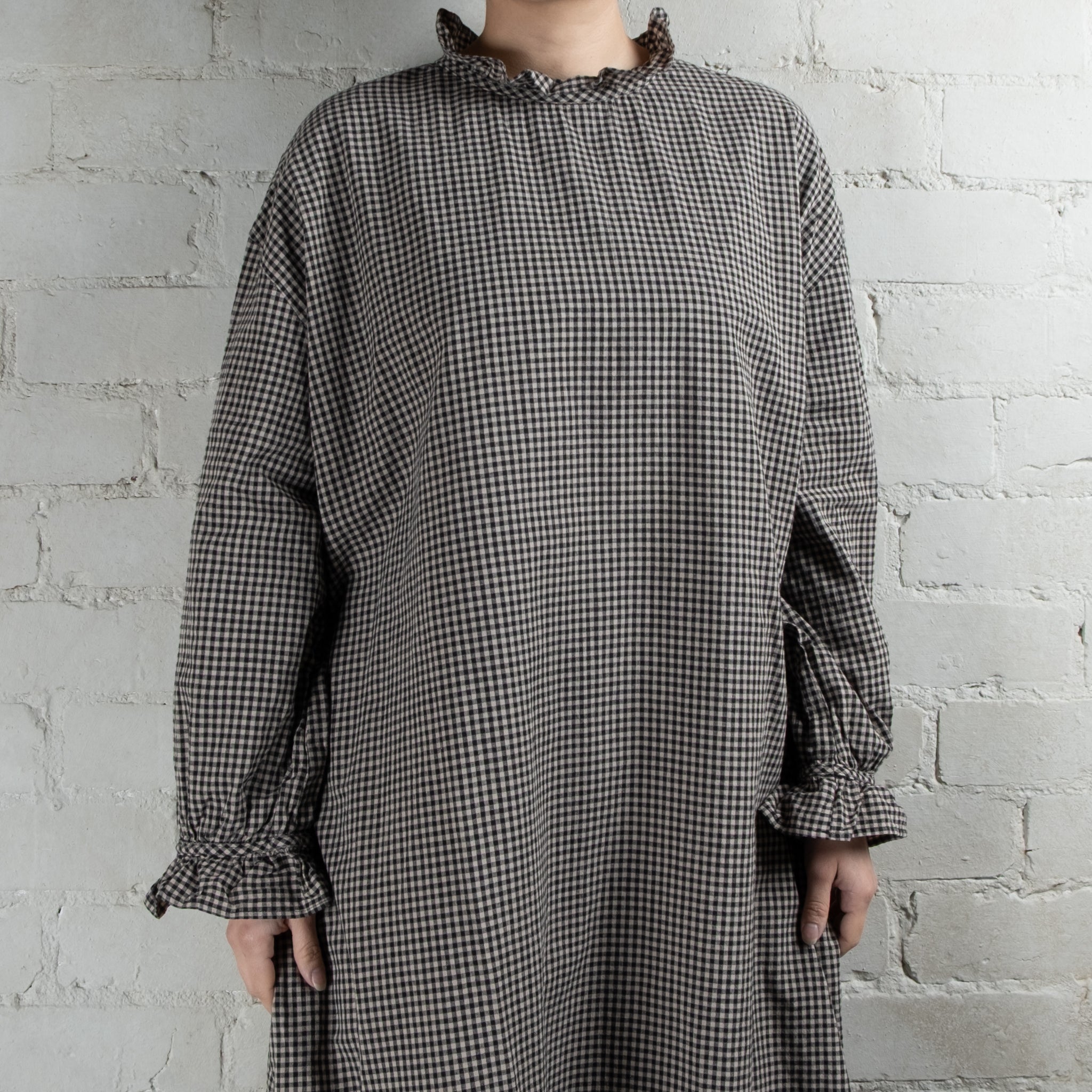 Ichi Antiquités Cotton & Linen Gingham Frilled Collar Dress
