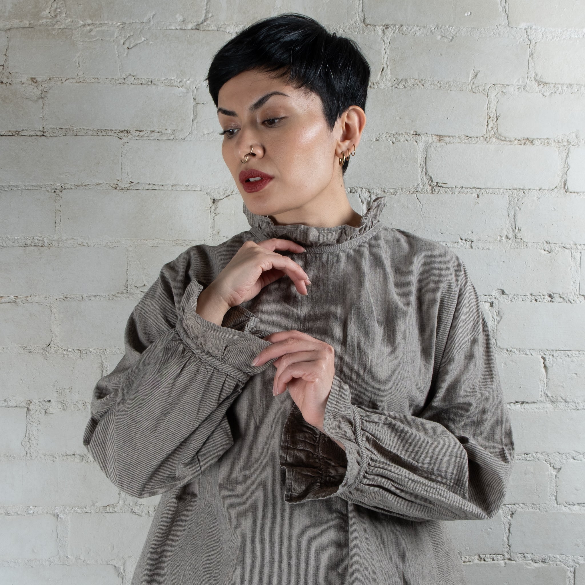Ichi Antiquités Cotton & Linen Gingham Frilled Collar Blouse