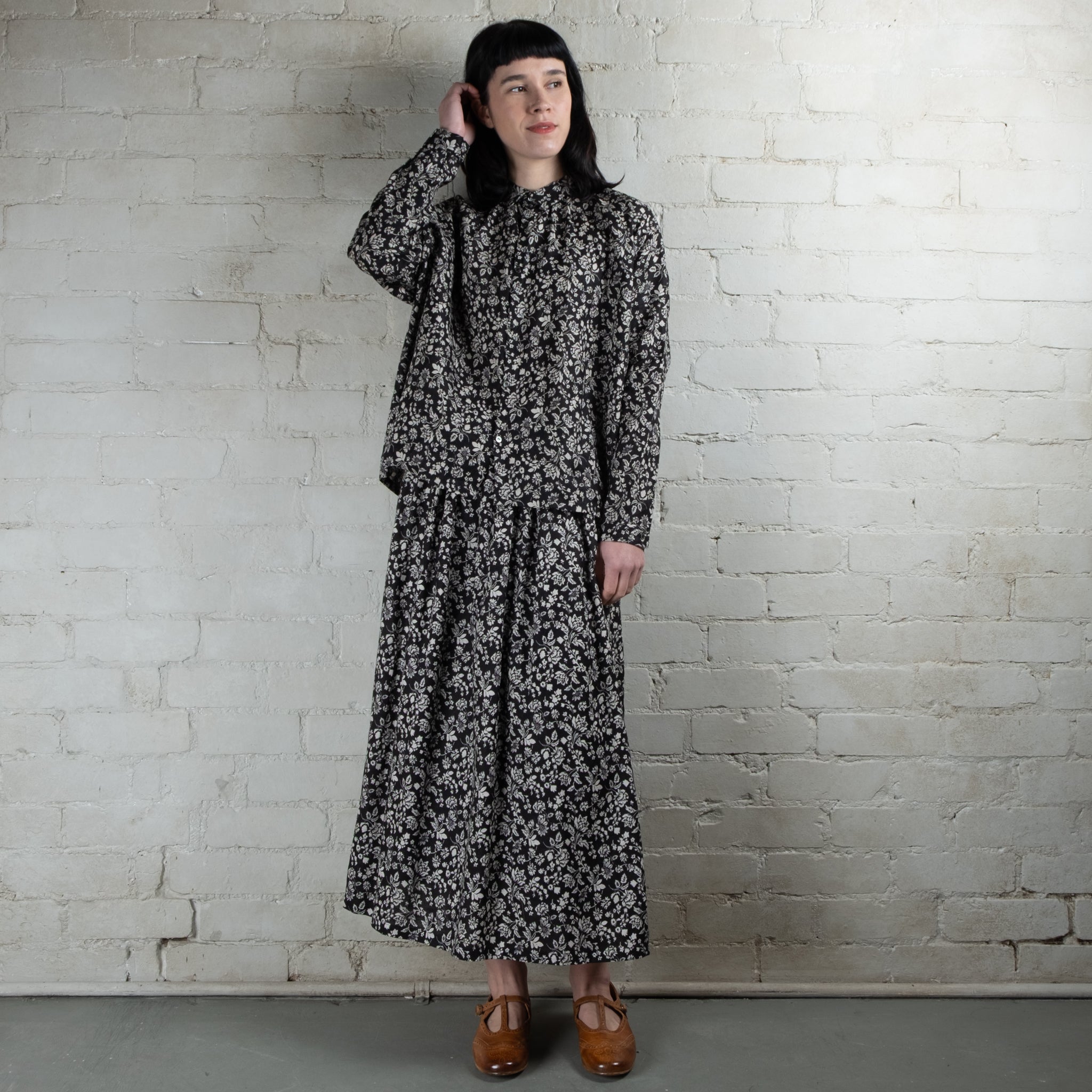 Ichi Antiquités Black Floral Print Linen Skirt
