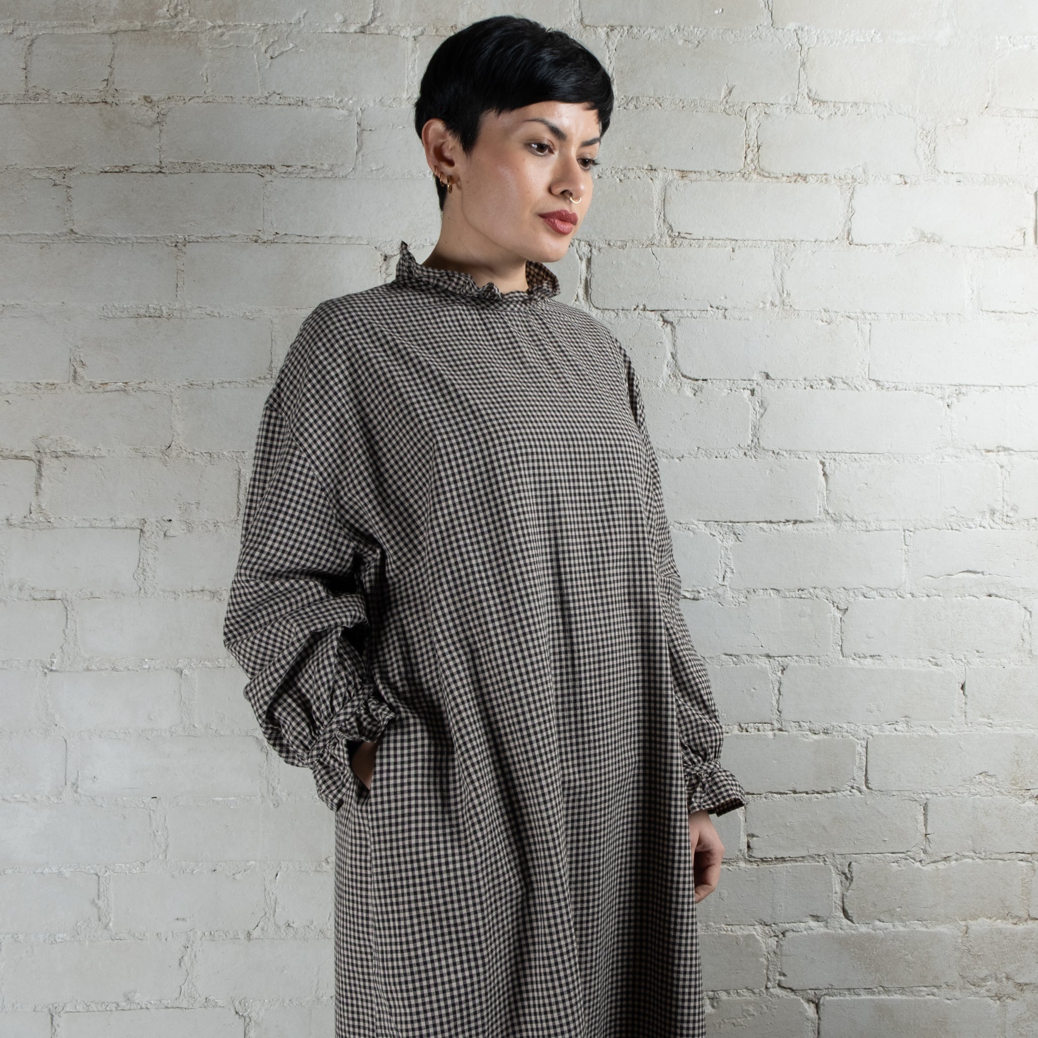 Ichi Antiquités Cotton & Linen Gingham Frilled Collar Dress
