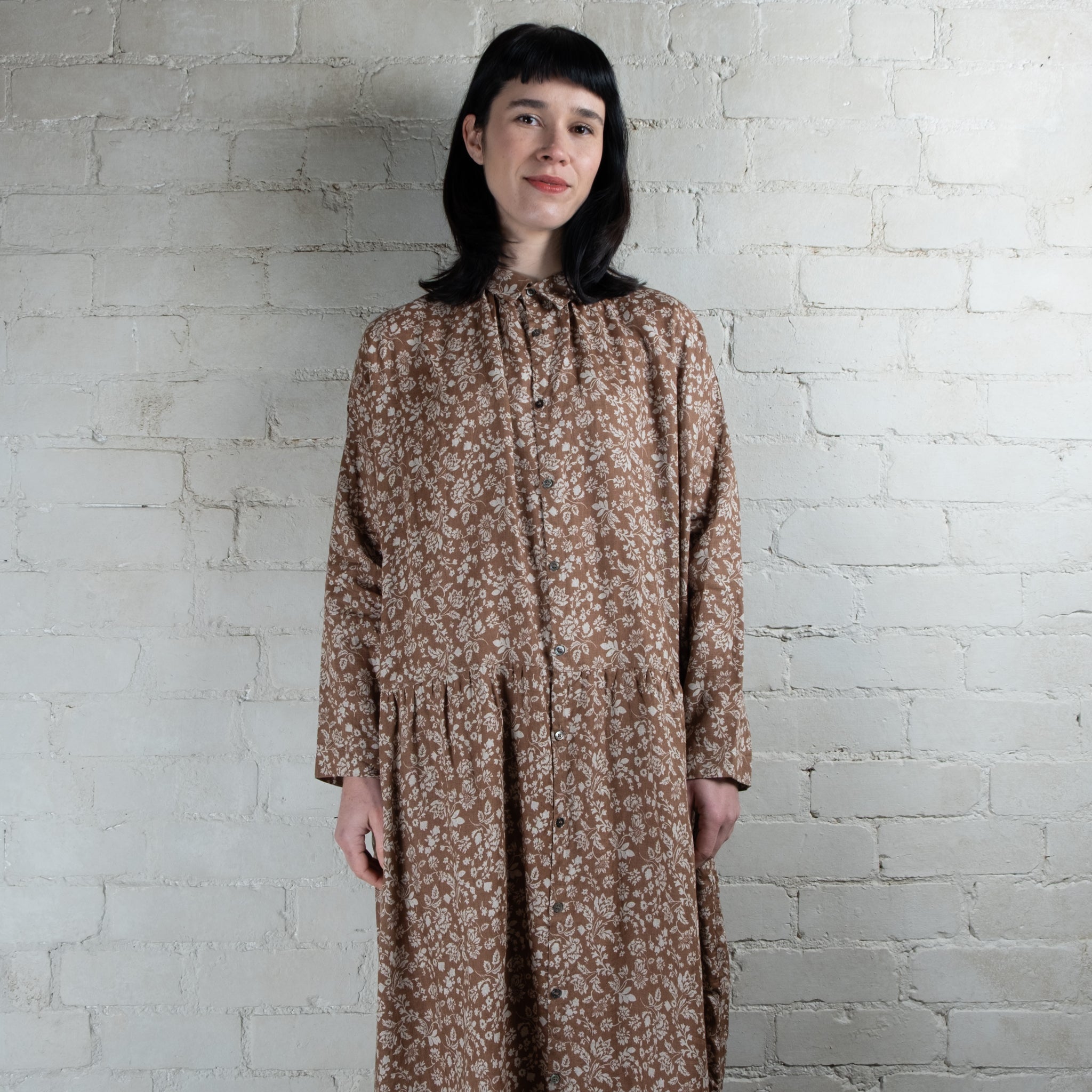 Ichi Antiquités Tan Floral Print Linen Dress
