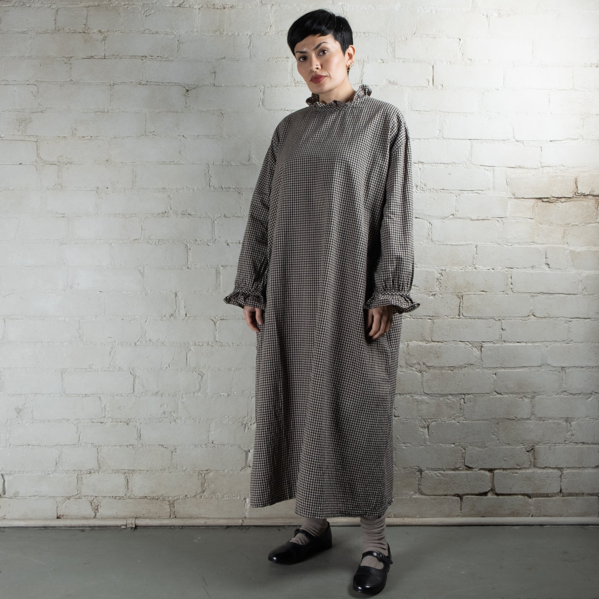 Ichi Antiquités Cotton & Linen Gingham Frilled Collar Dress