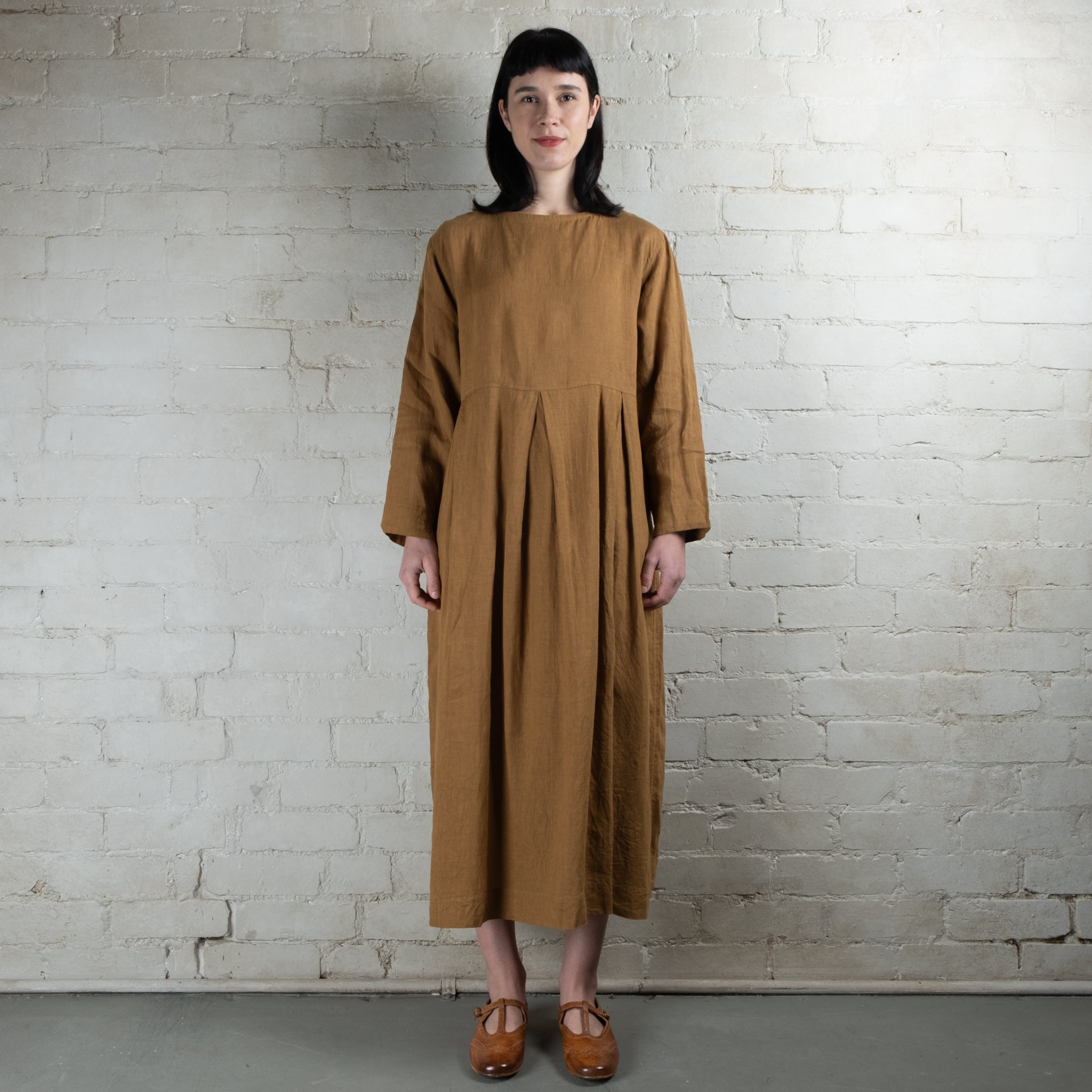 Ichi Antiquités Toffee Linen Tuck Dress