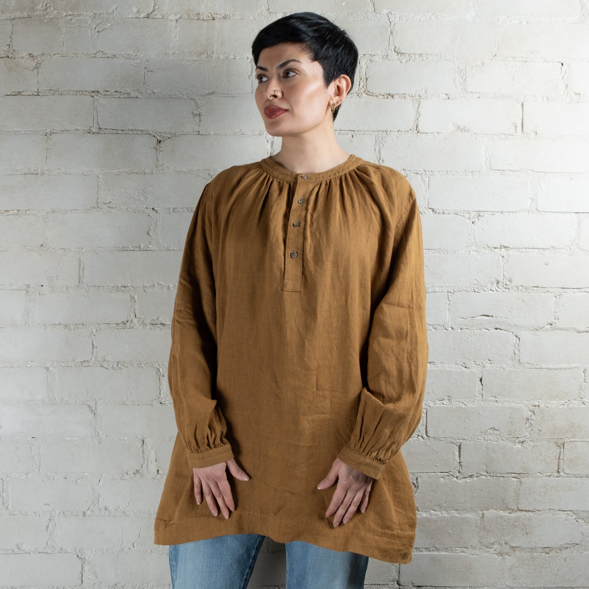 Ichi Antiquités Camel Linen Henley Blouse