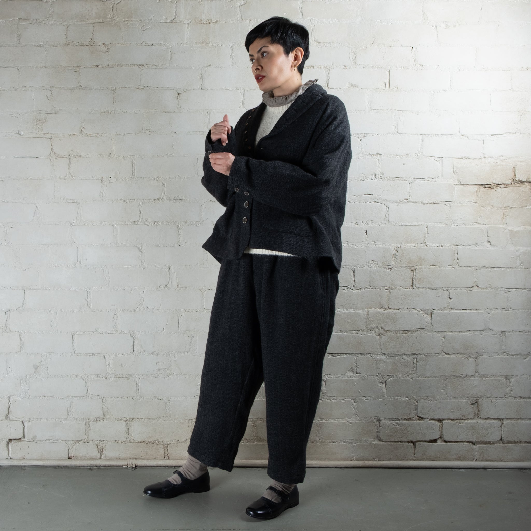 Ichi Antiquités Black Herringbone Wool Pants