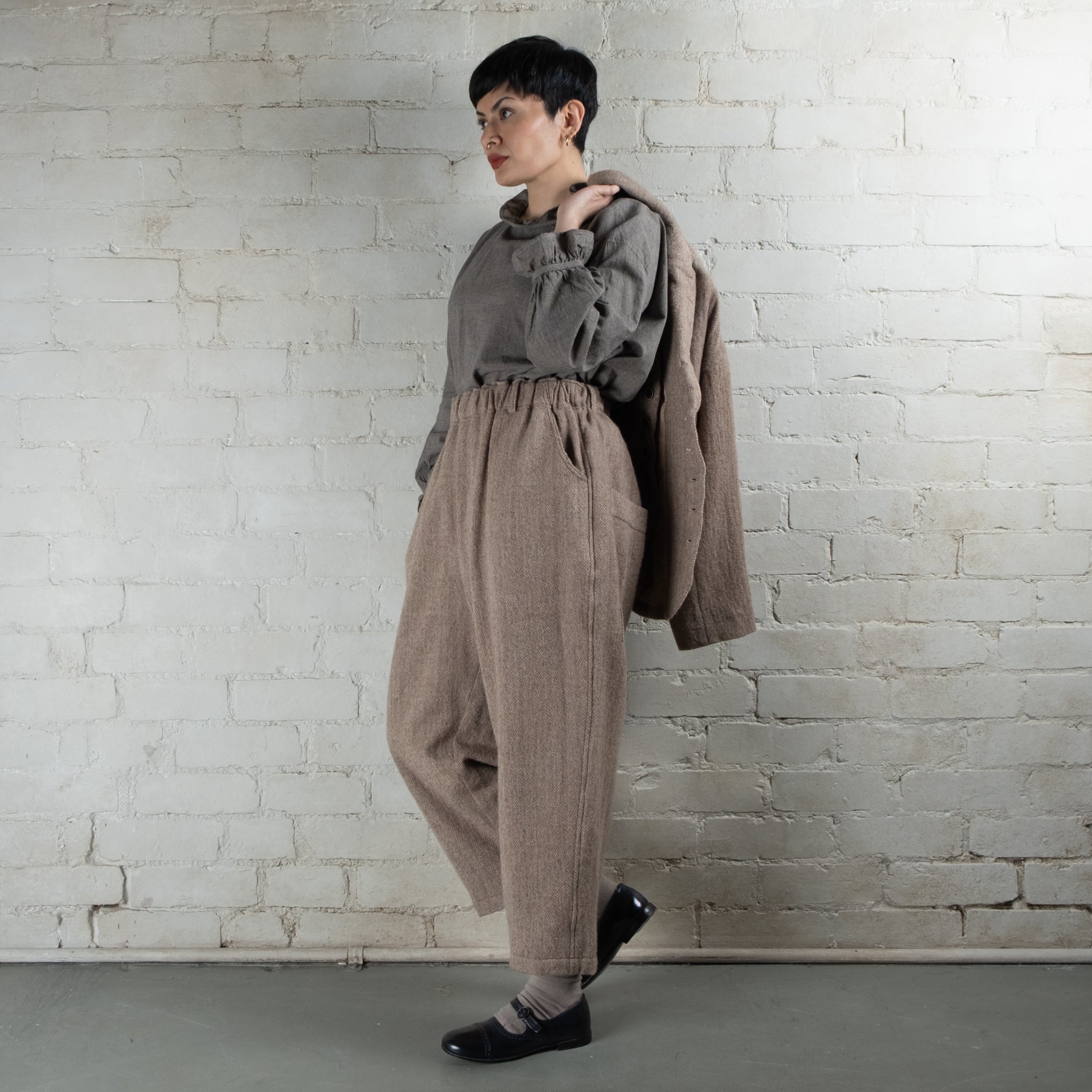 Ichi Antiquités Mocha Beige Herringbone Wool Pants