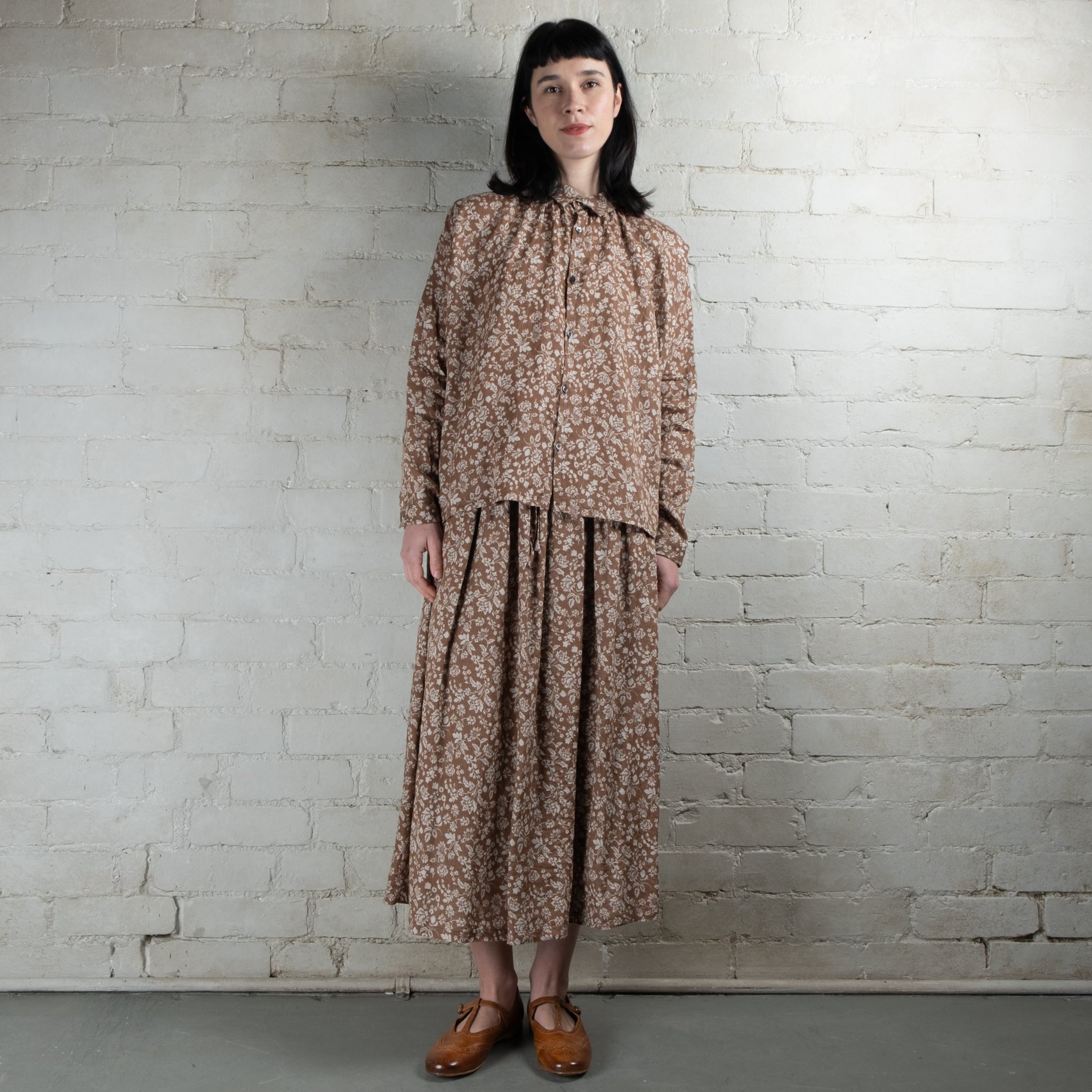 Ichi Antiquités Tan Floral Print Linen Shirt