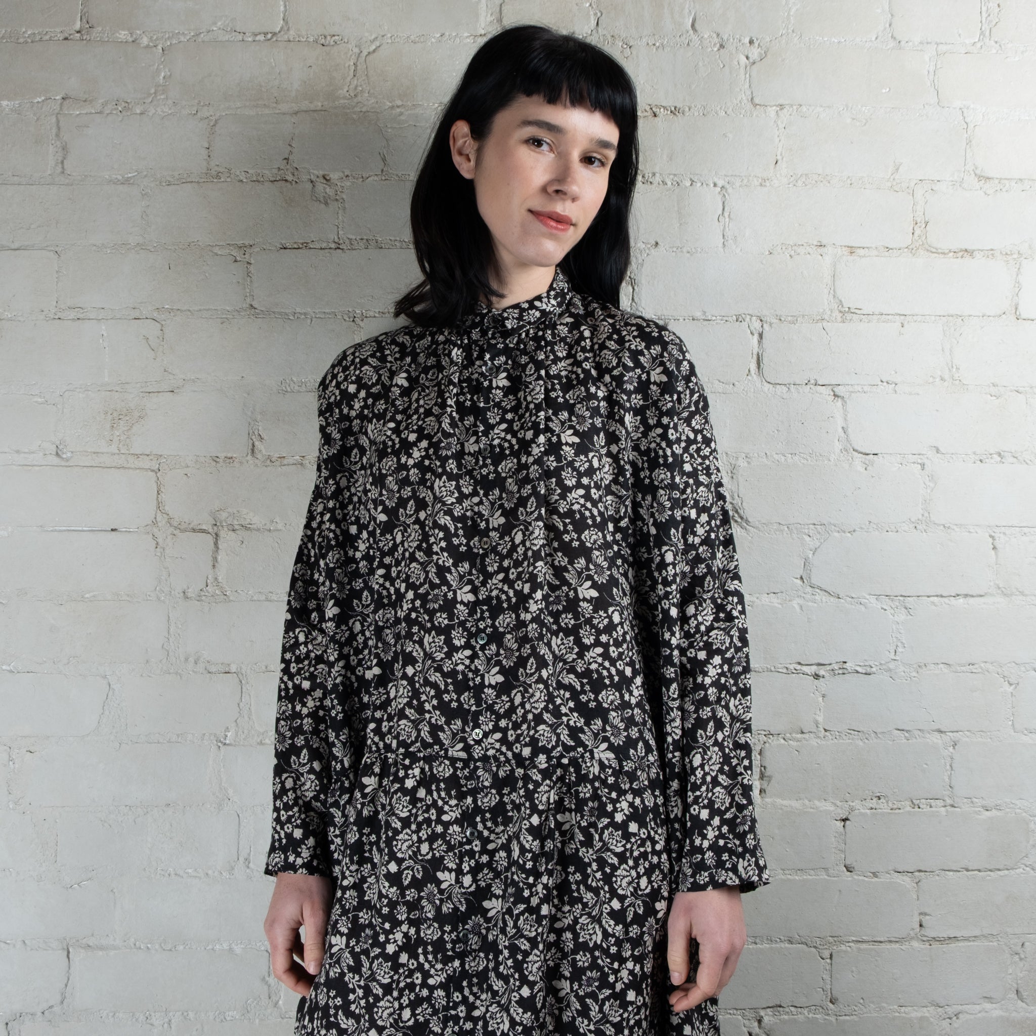 Ichi Antiquités Black Floral Print Linen Dress