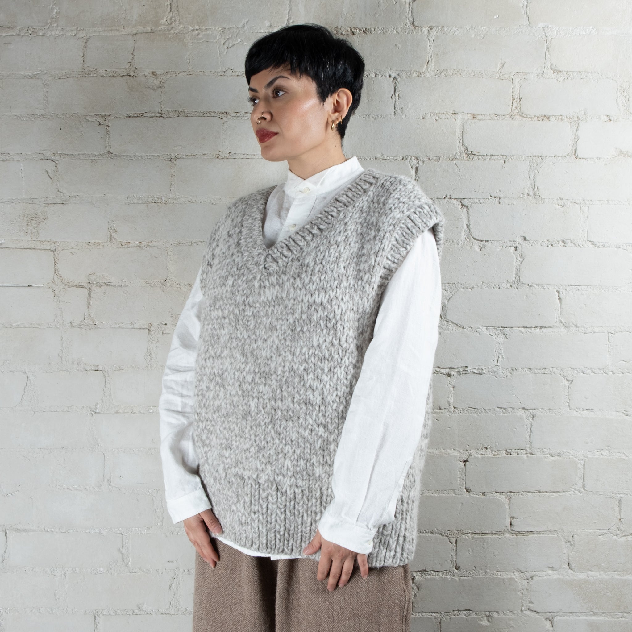 Ichi Antiquités Oversized Hand Knitted Wool & Alpaca V-Neck Vest