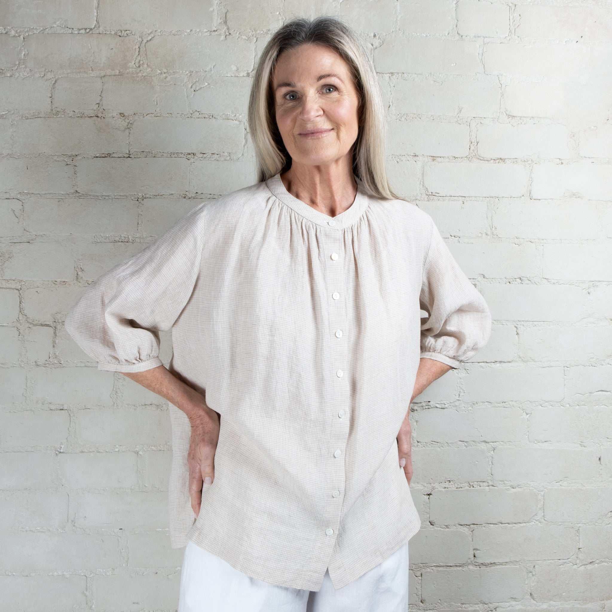 Violetta Penelope Micro Check Linen Blouse